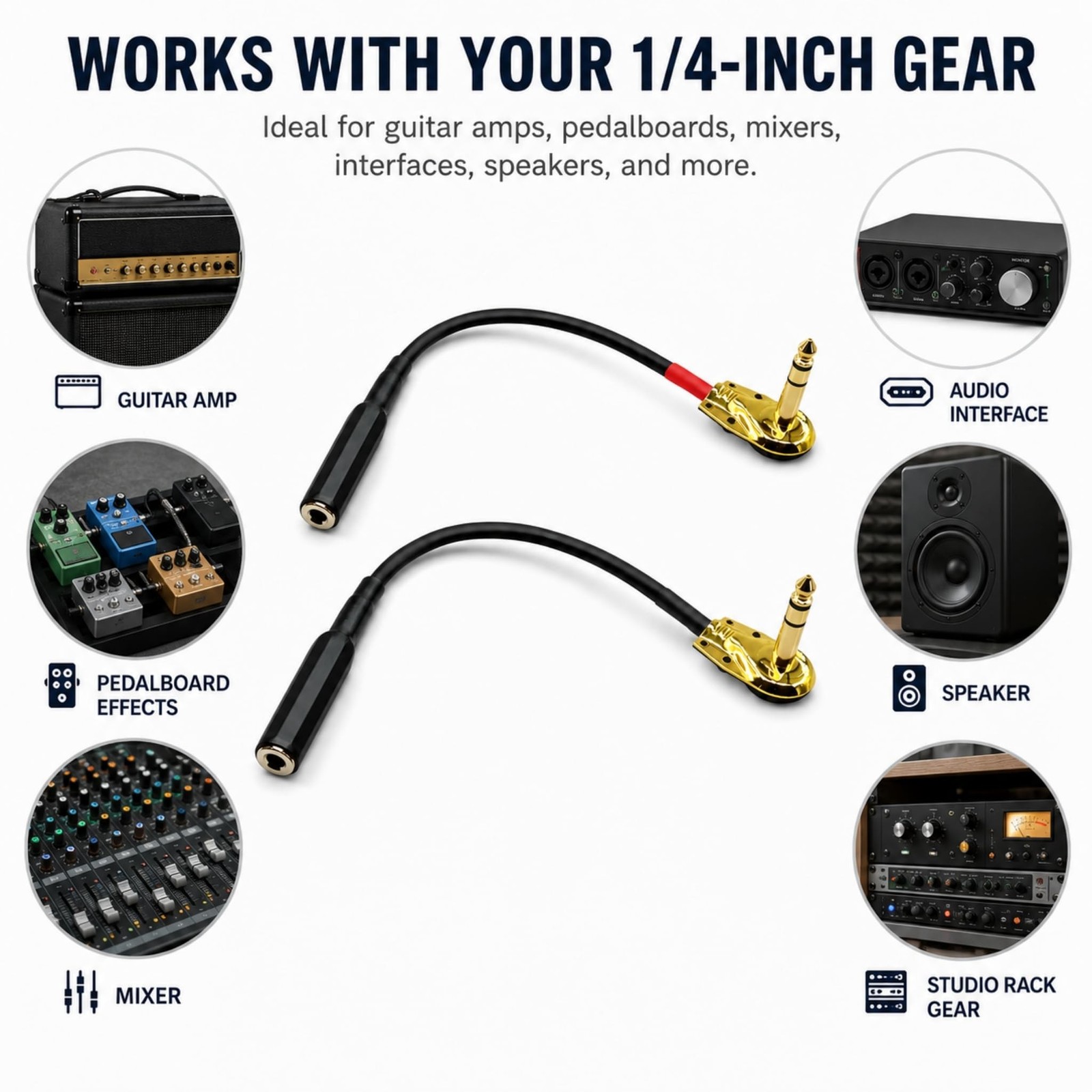 TRS Patch Cable 1/4 Right Angle 1Ft 2-Pack Gold Plated OFC for Pedalboard | 2...
