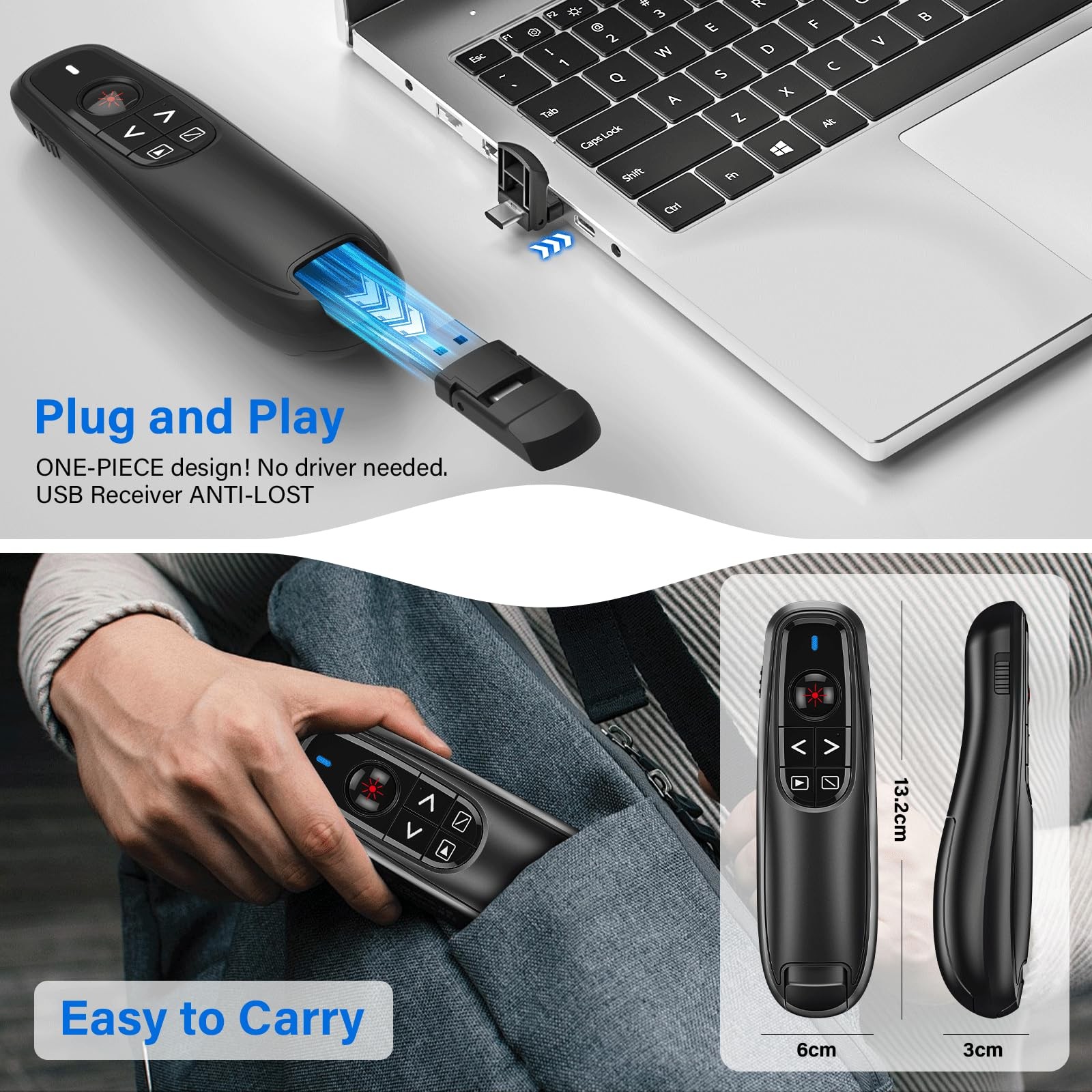 2-in-1 USB Type C Presentation Clicker, Wireless F10, A-black