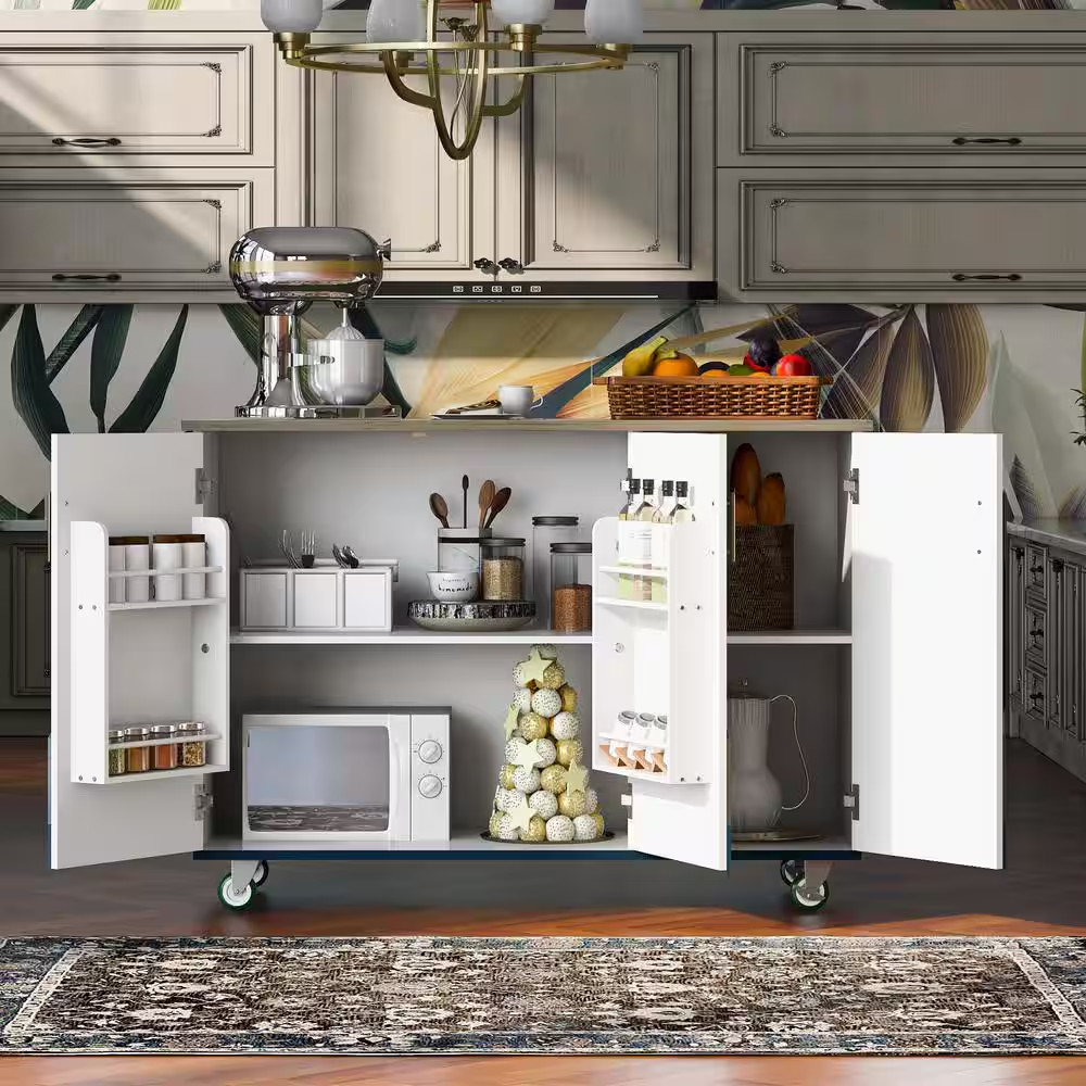 Navy Blue Wood 51.5 In. Kitchen Island with Internal Storage Racks