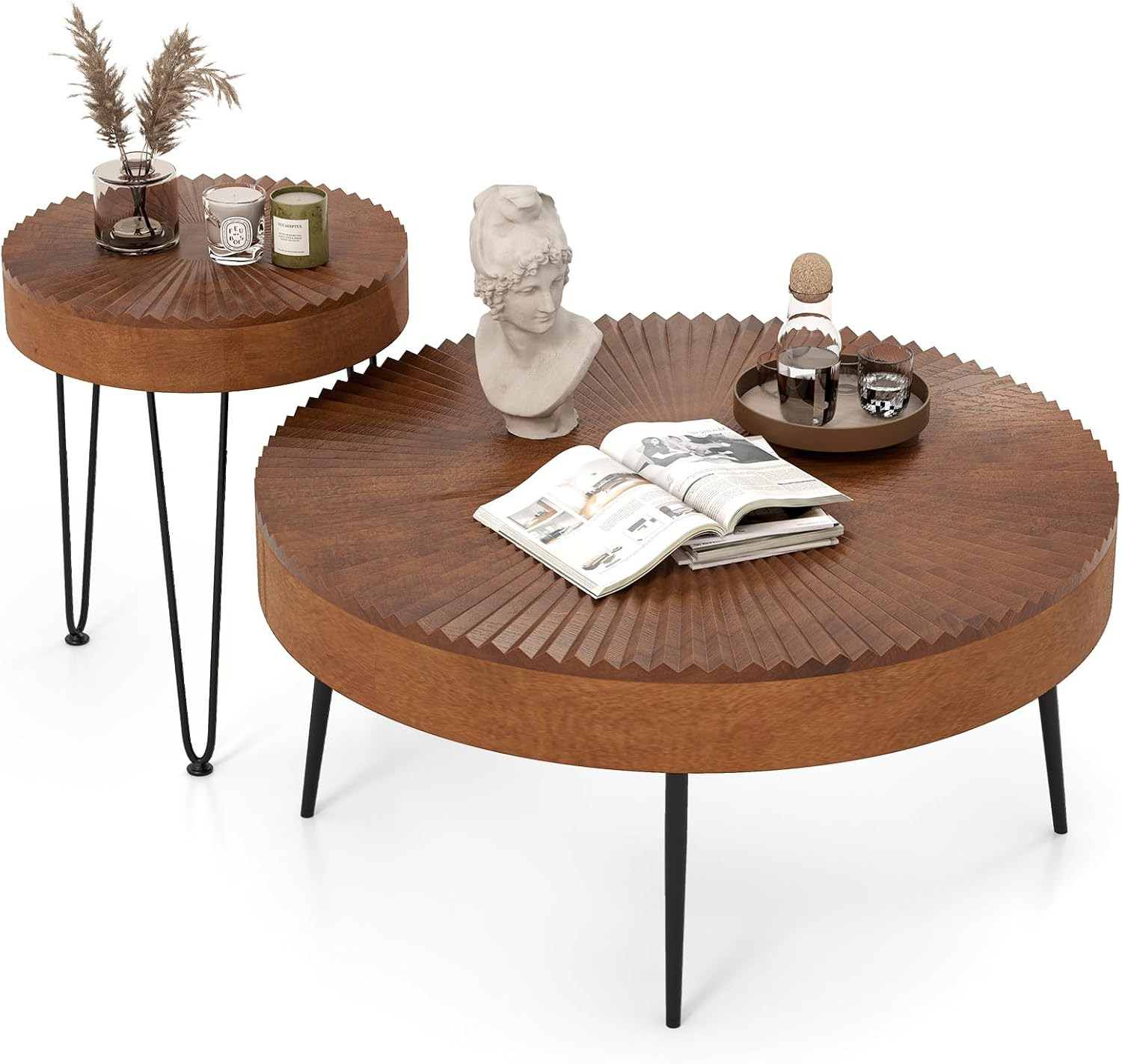 Farmhouse round Coffee Table Set of 2, Rustic Sofa Side Tea Tables W/Wood Finish