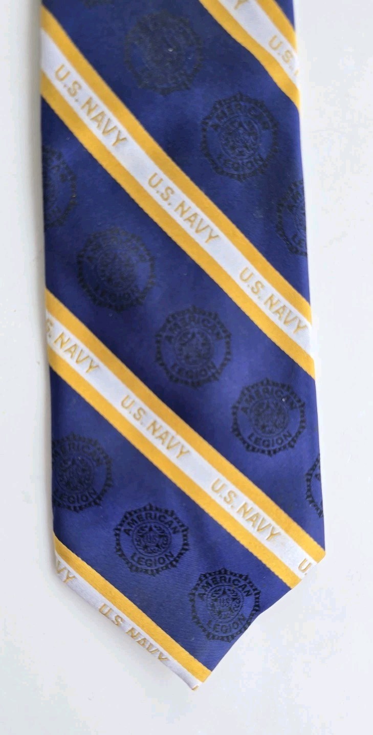 Vintage US Navy 100% Silk American Legion Blue Yellow Tie! Necktie Made In USA