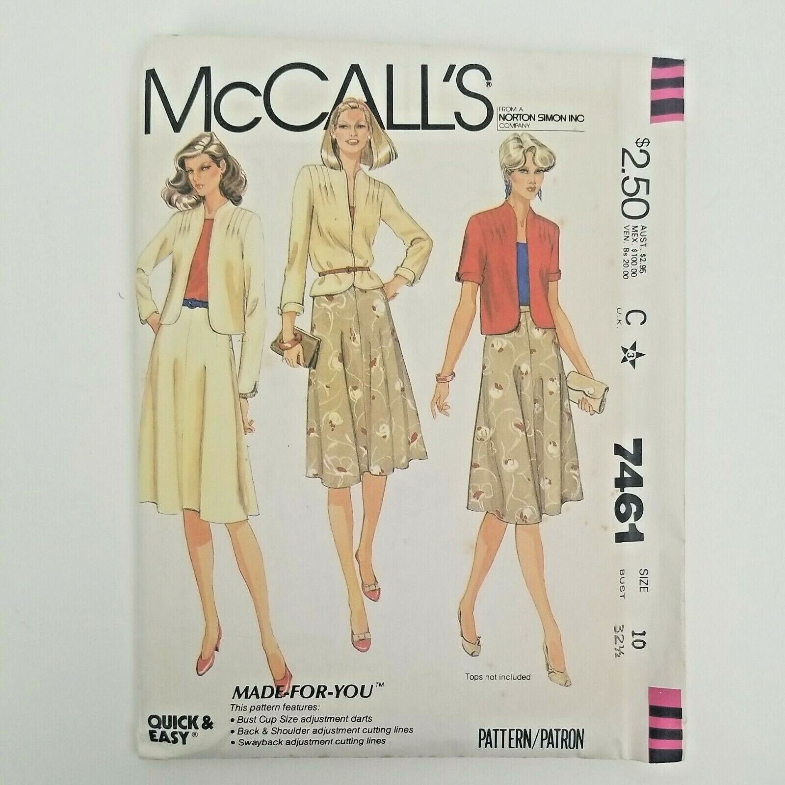 McCalls Sewing Pattern 7461 Size 10 Bust 32 1/2 Mises Jacket & Skirt Uncut 1981