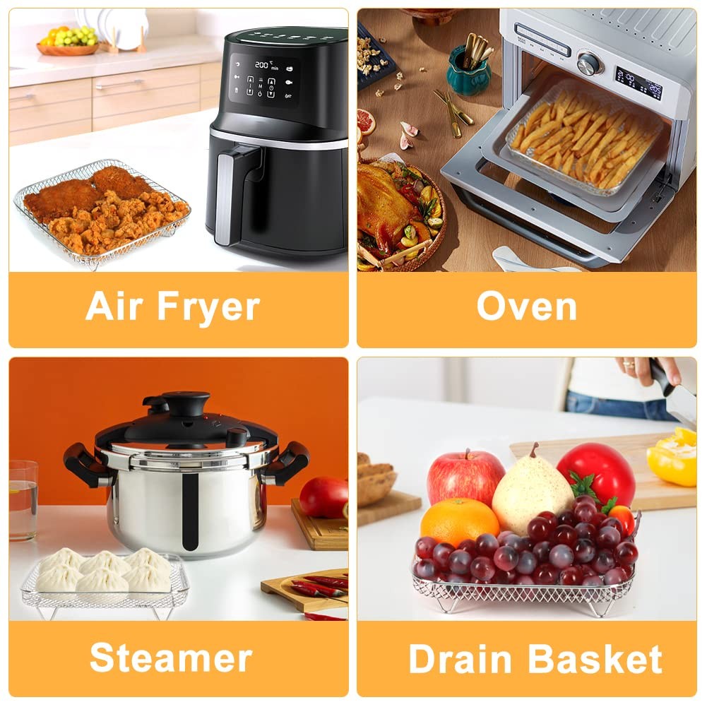 BYKITCHEN 8 inch Square Air Fryer Rack, 3pcs Stackable for 6-7.5 QT, Silver