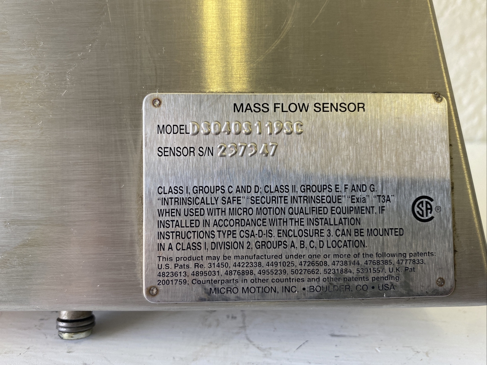 Micro Motion DS040S119SC Mass Flow Sensor