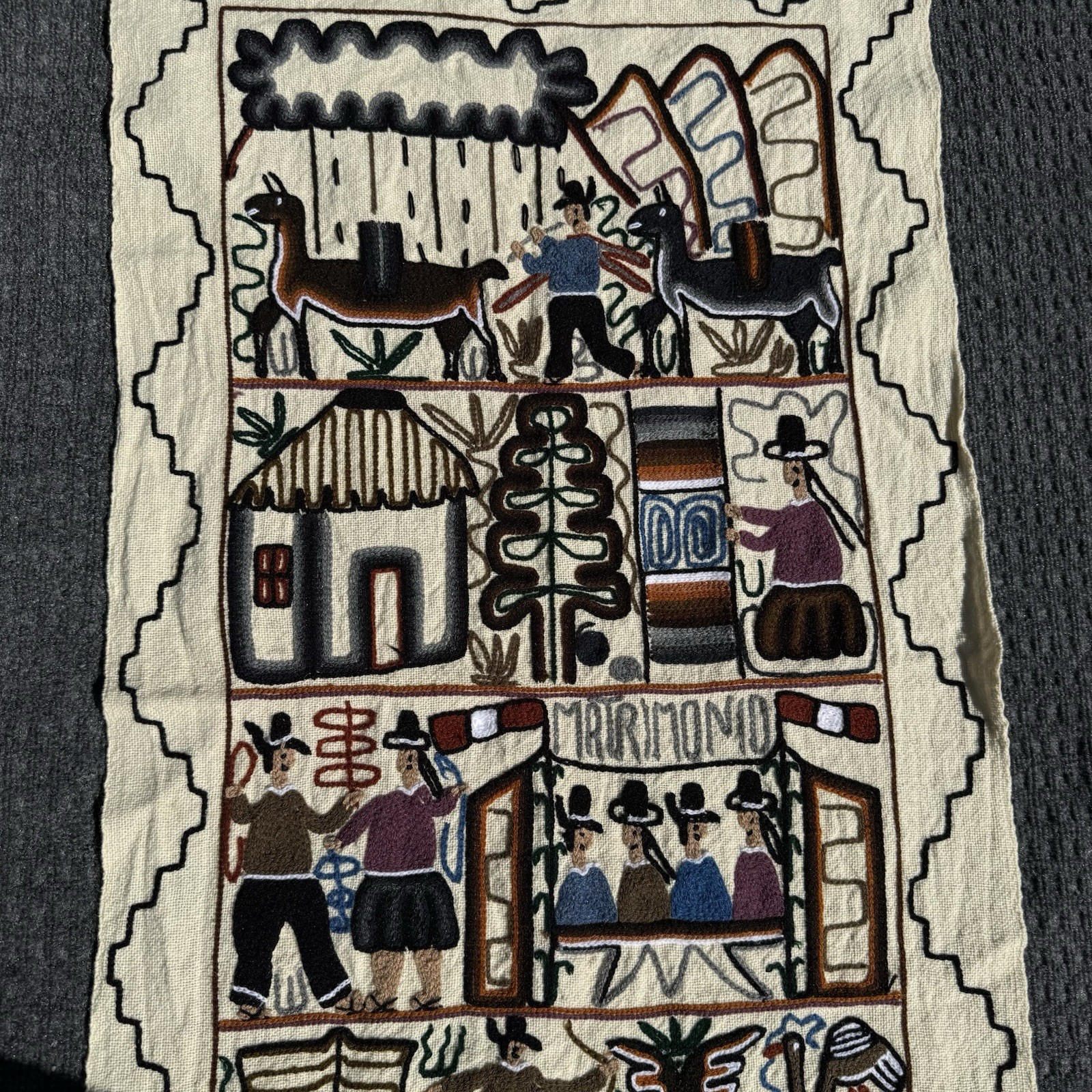 Vintage Folk Art Embroidery Peru "Matrimonio" 42”x23” Wall Hanging Wedding Gift