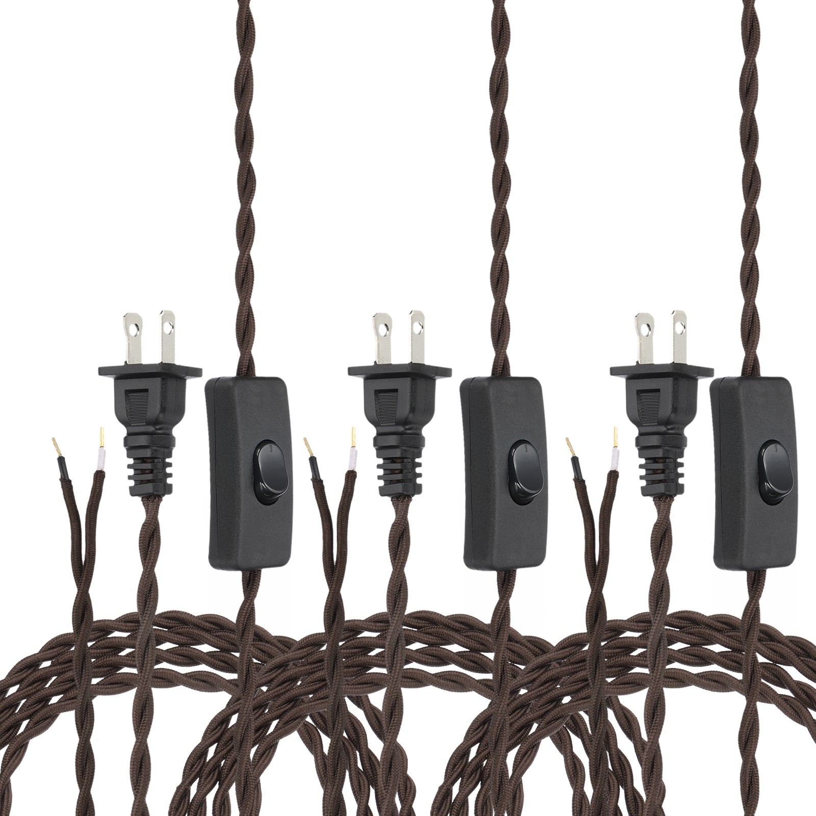 3Pcs 8Ft 18/2 Twisted Cloth Lamp Cord with Button and Plug, Brown