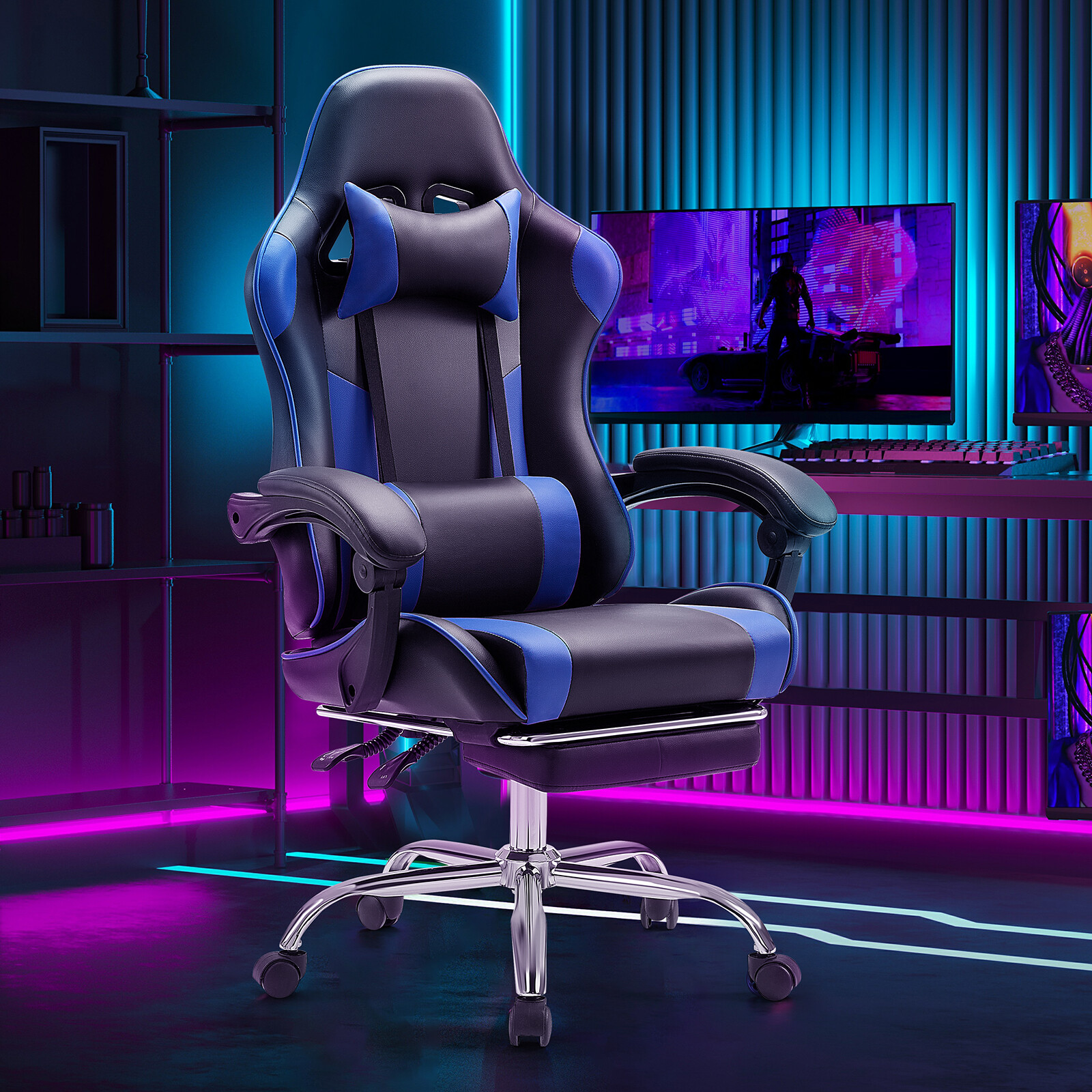 Ergonomic Gaming Chair with Adjustable Headrest, Footrest, and Lumbar Pillow
