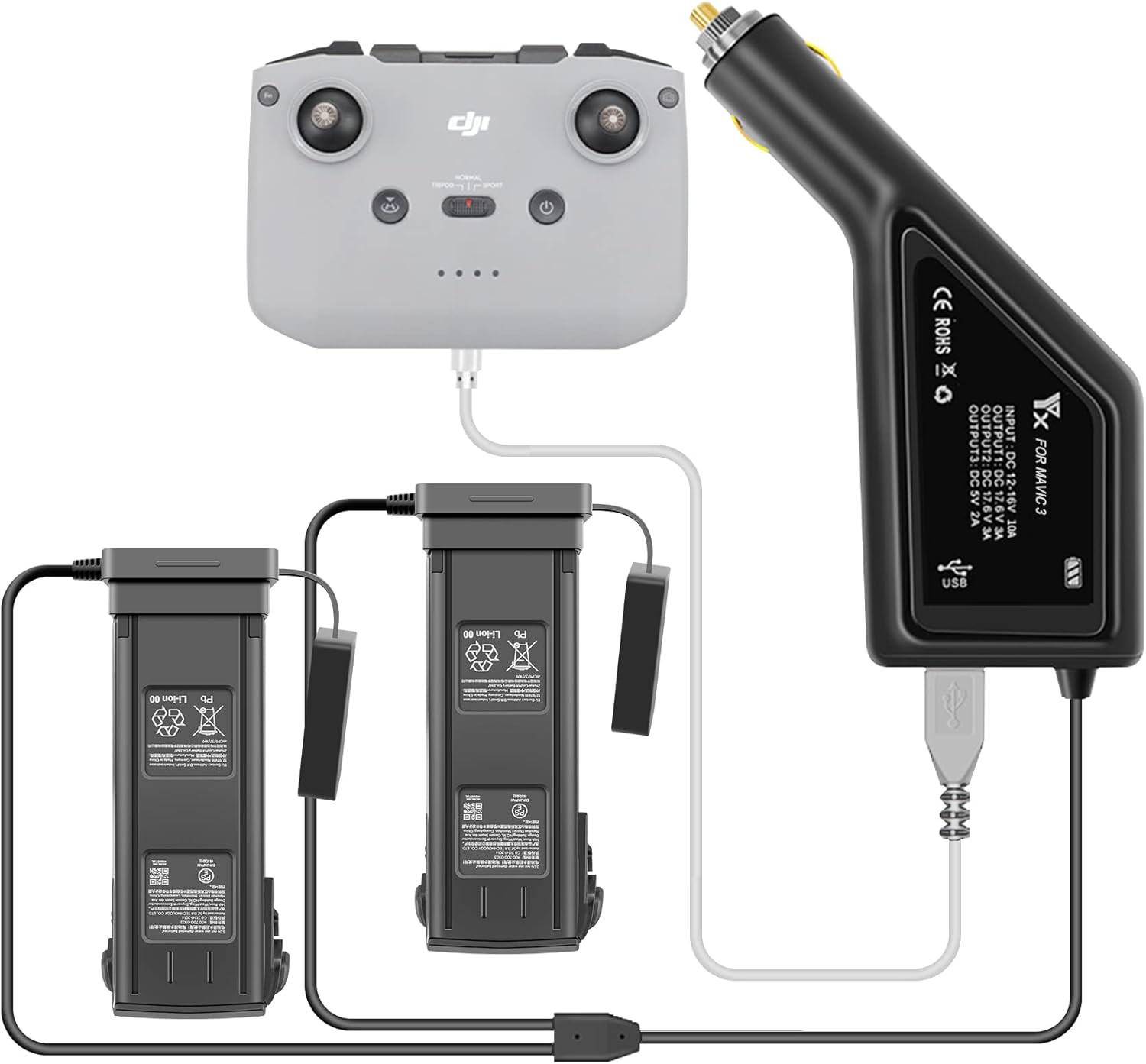Hanatora 3 in 1 Battery Car Charger for DJI Mavic Black, Grey