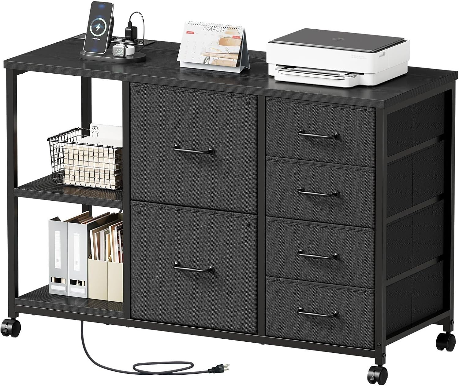 6-Drawer File Cabinet W/ Charging Station Rolling Printer Stand W/ Open Storage