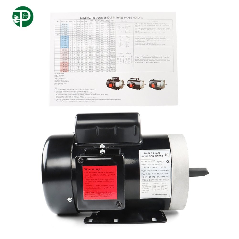 2HP 1 Phase General Electric Motor 56C Frame 115V/230V 60HZ 5/8"Shaft 3450RPM