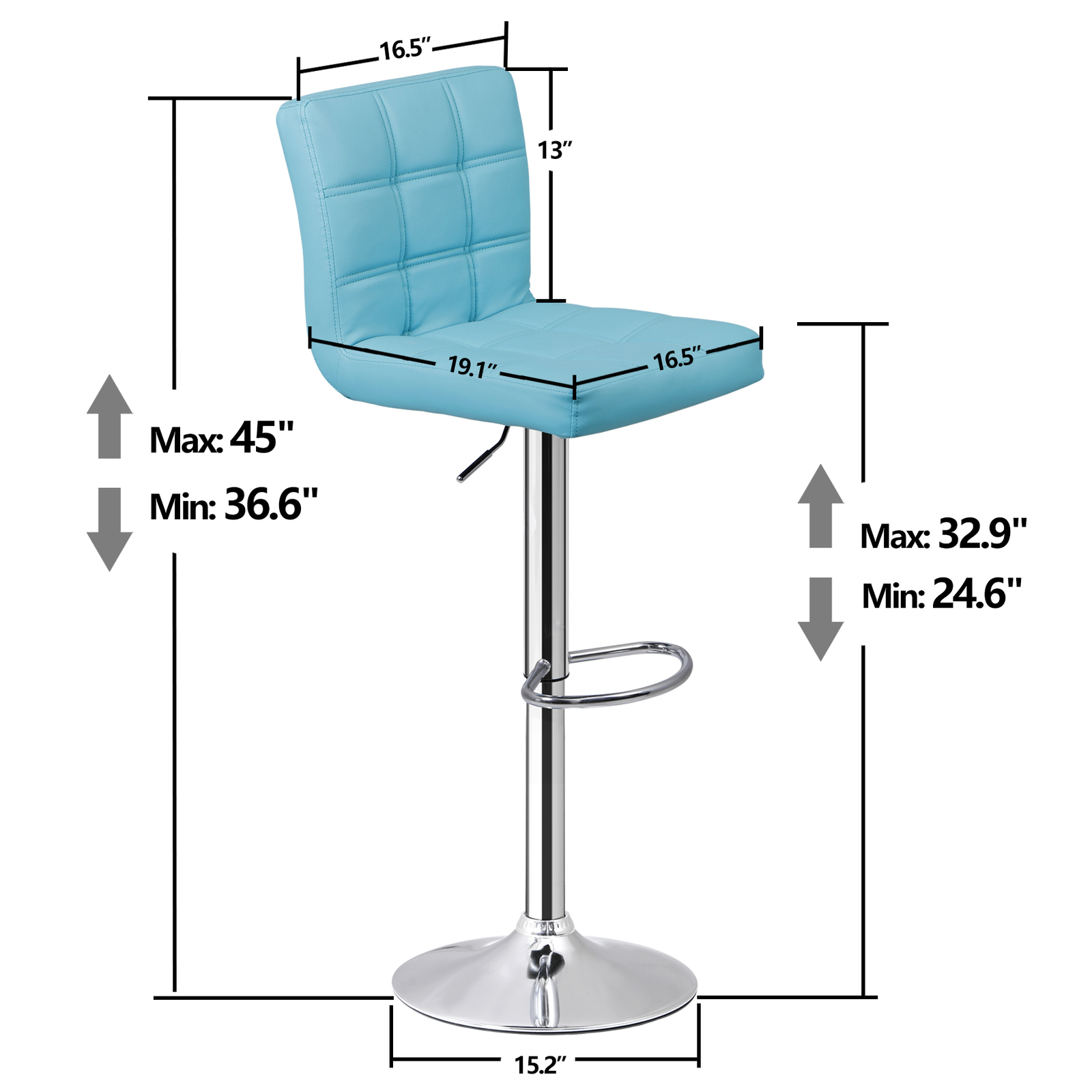 2PCS Bar Stools Blue PU Leather Height Adjustable Swivel Barstools Armless