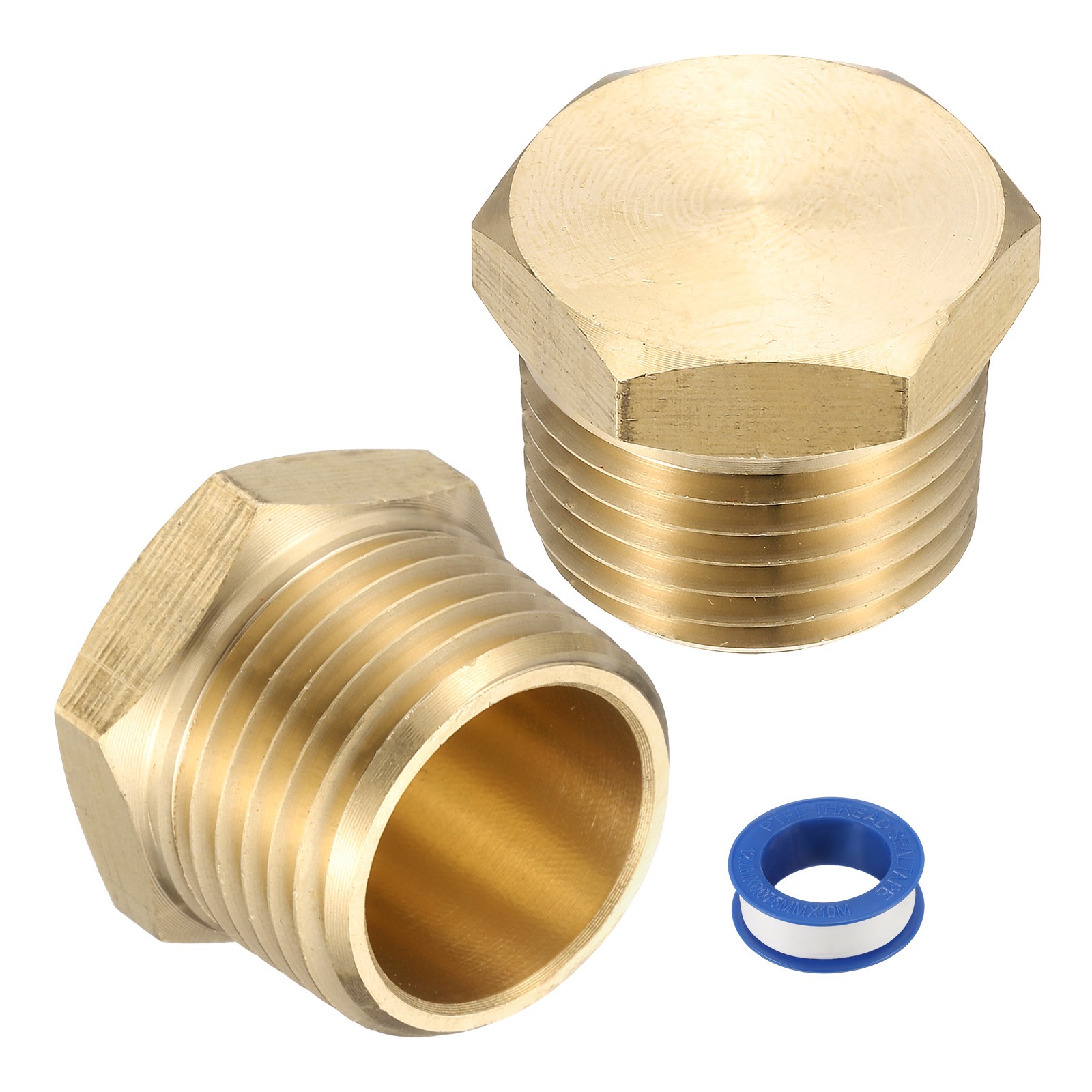2pcs Brass Pipe Fitting Hex Head Plug 1/2" NPT with PTFE Tape, Gold Tone