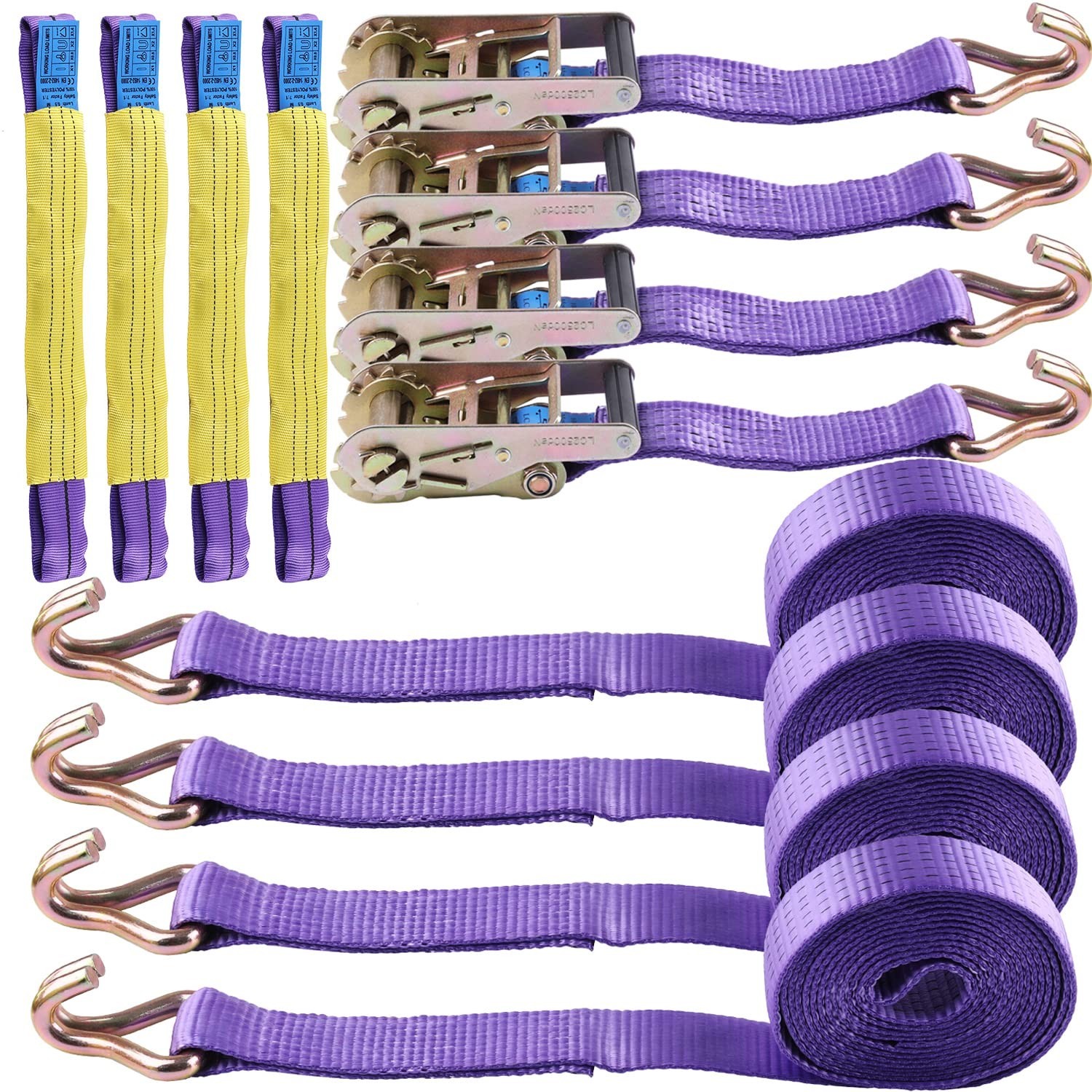 Tie-Downs Ratchet Straps 2" x 13' with Double Wires J Hook Heavy Duty Breakin...