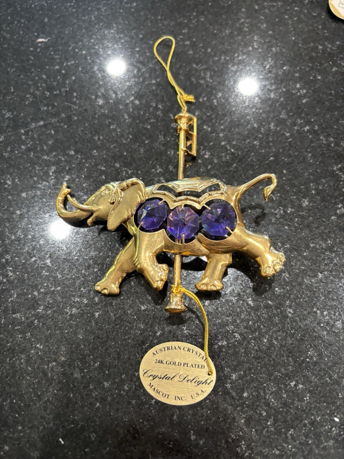 Crystal Delight Elephant Ornament 24k Gold Plated Purple Crystals Austrian Cryst