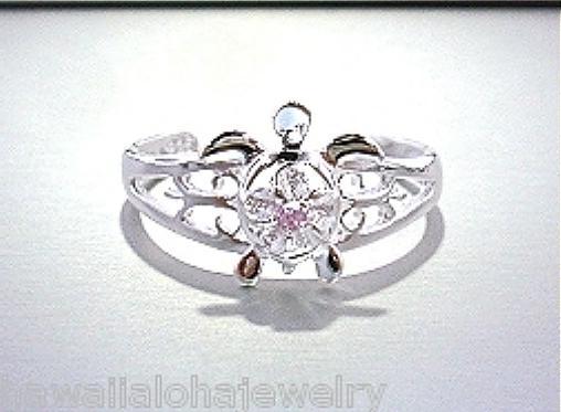 9mm 925 STER Silver Hawaiian Petroglyph Honu Turtle Plumeria Pink CZ Toe Ring