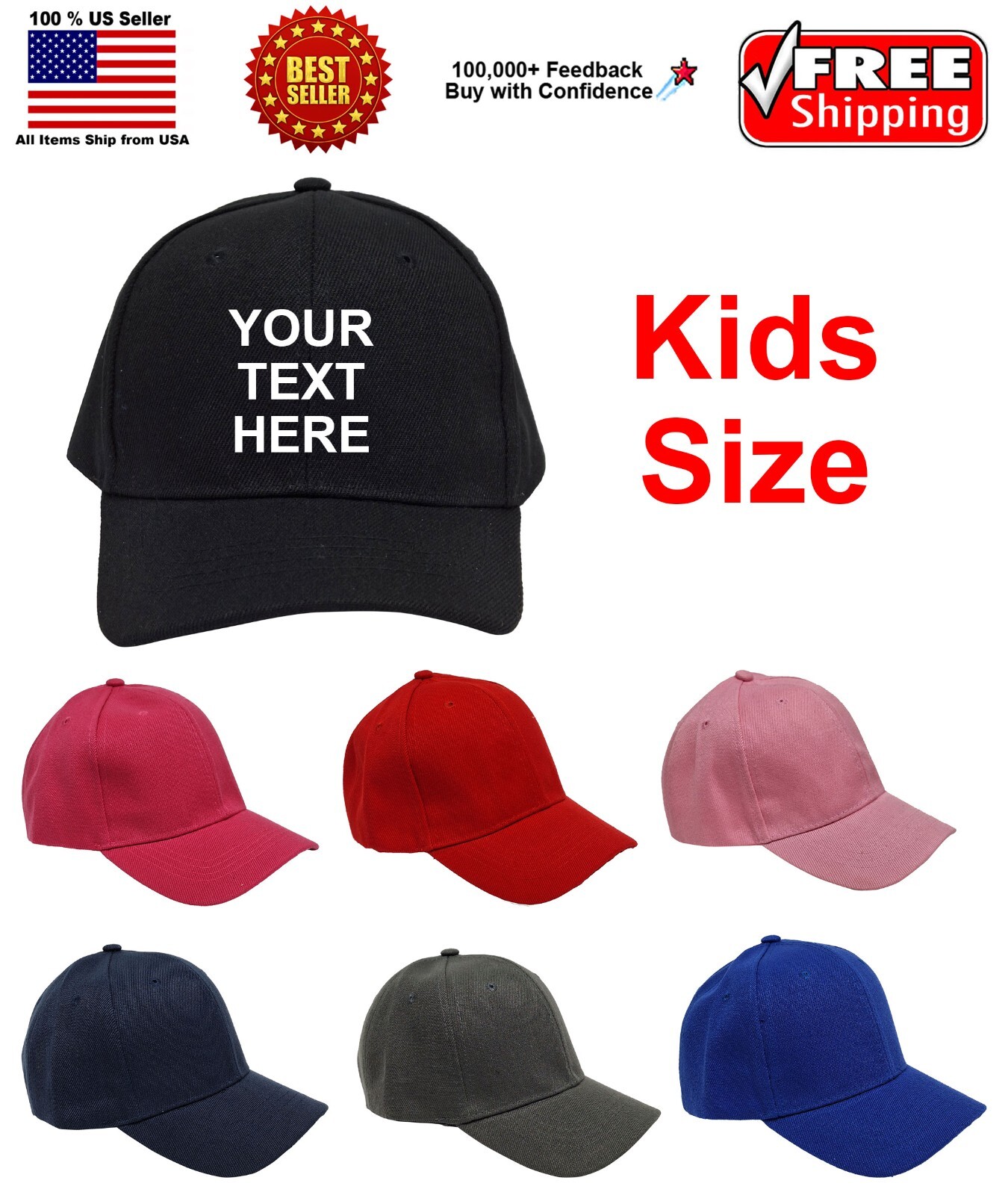 Personalized Text Embroidered Kids Size Baseball Cap, Adjustable Hat Custom Text
