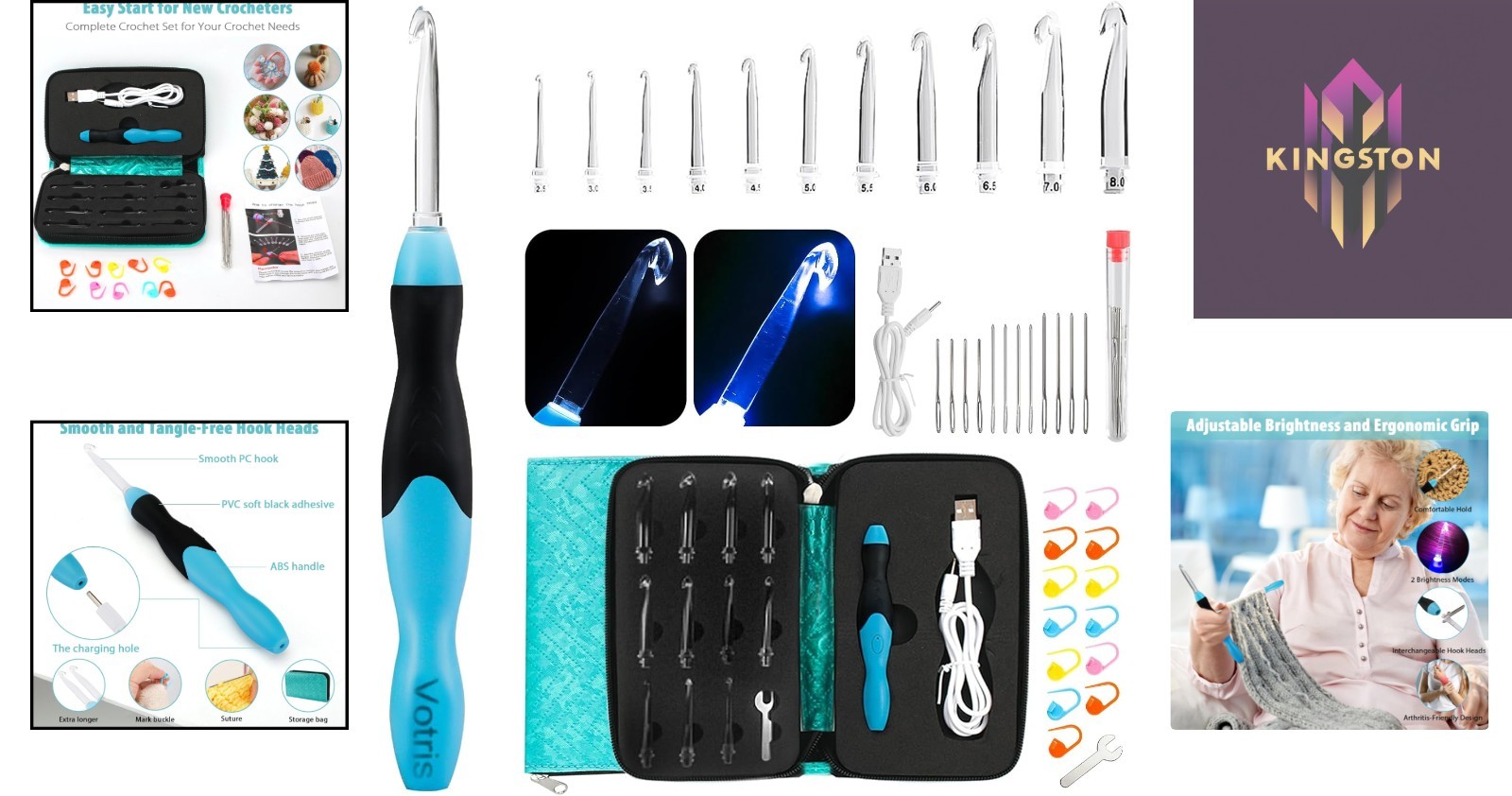 All-in-One Lighted Crochet Set - Ergonomic Hooks with Interchangeable Heads