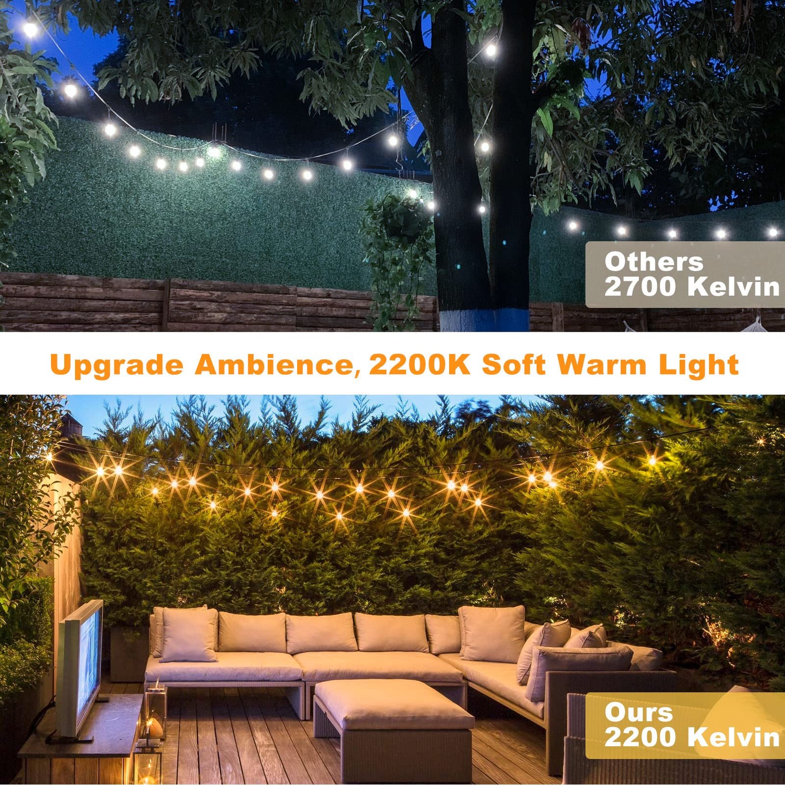 Outdoor String Lights 48FT Dimmable Warm Warm 2200K-E26 Base 48FT 15 Sockets