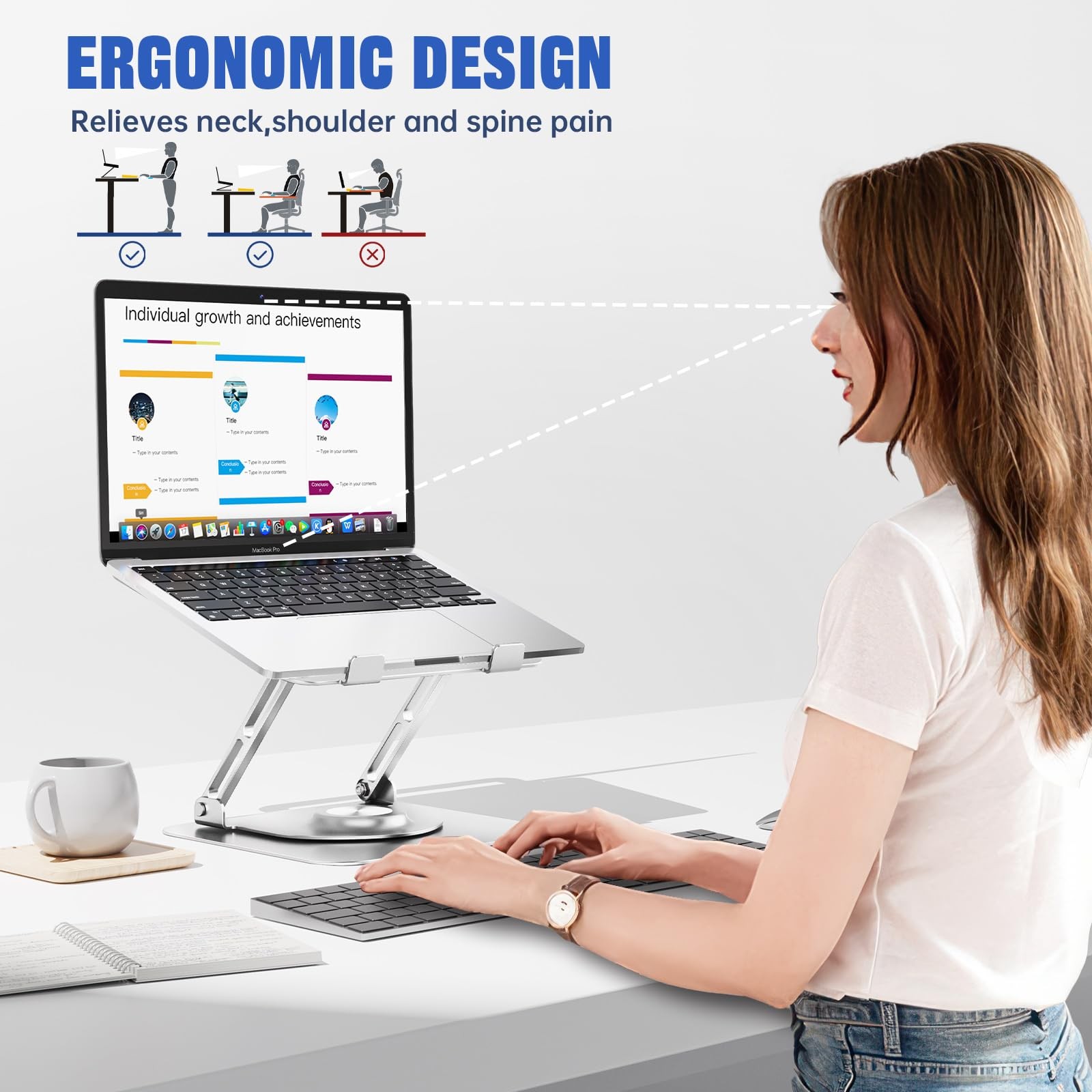 Adjustable Laptop Stand 360 Rotating Base Ergonomic Riser Foldable Silver
