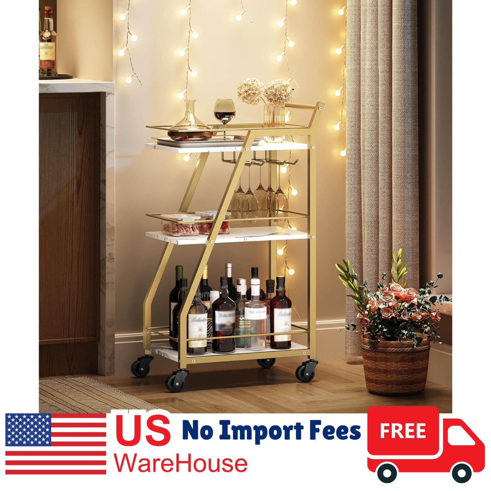 3-Tier Bar Cart Rolling Glass Holder Gold Kitchen Beverage Serving Drink Cart