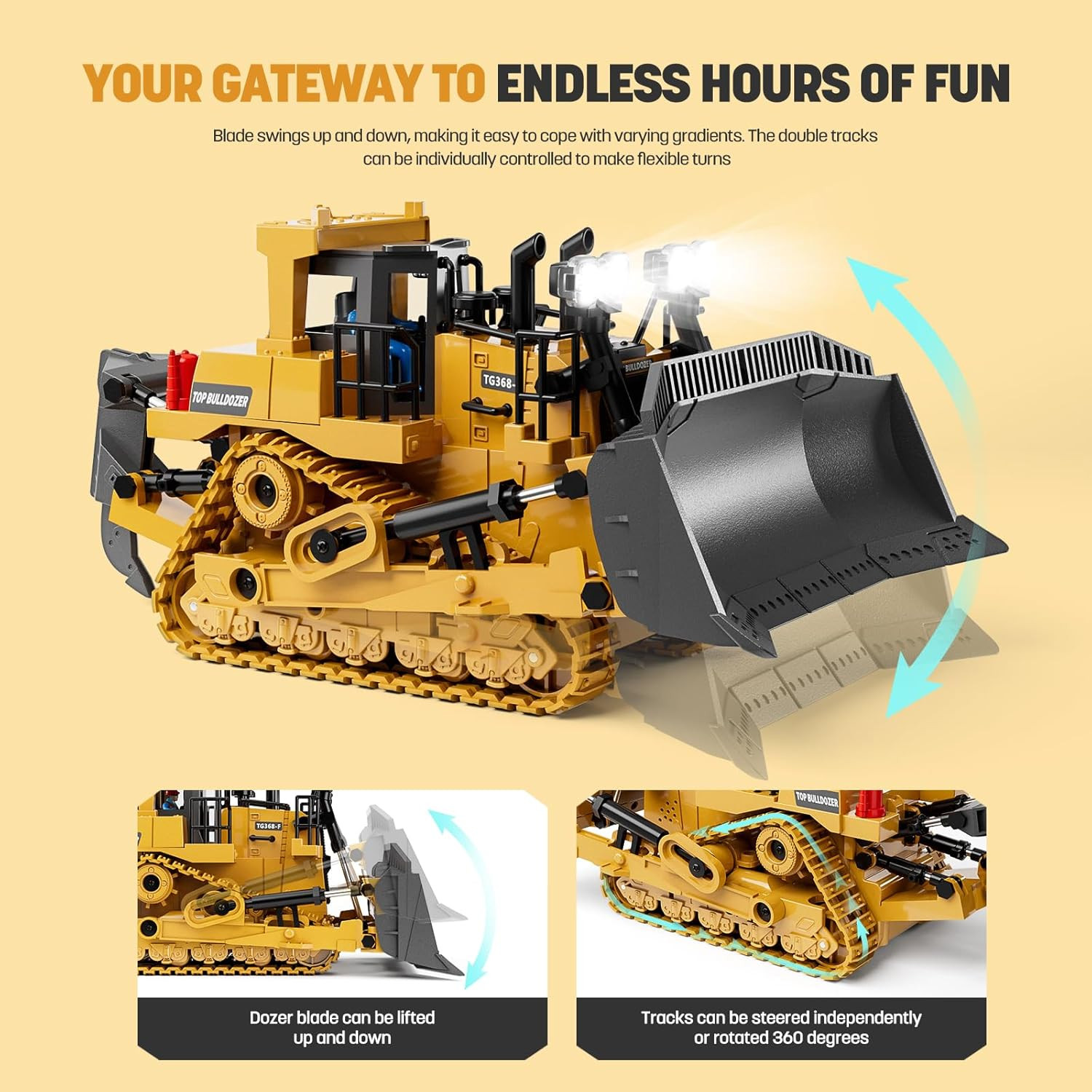 Metal RC Bulldozer Toy for Kids | 9-Channel Remote Control Track-Type Tractor wi