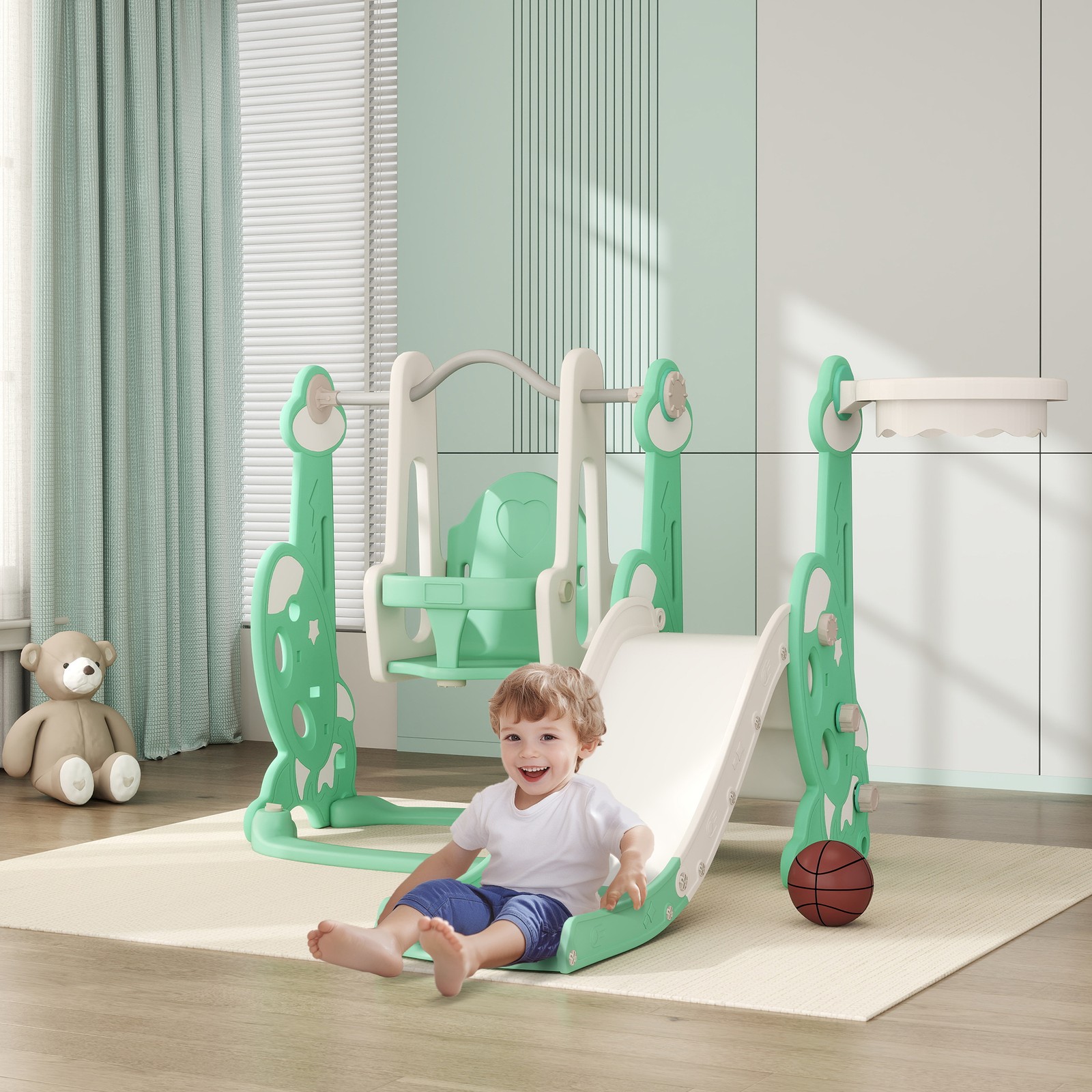 Qaba 4 in 1 Toddler Slide and Swing Set w/ Climber, Basketball Hoop, Green