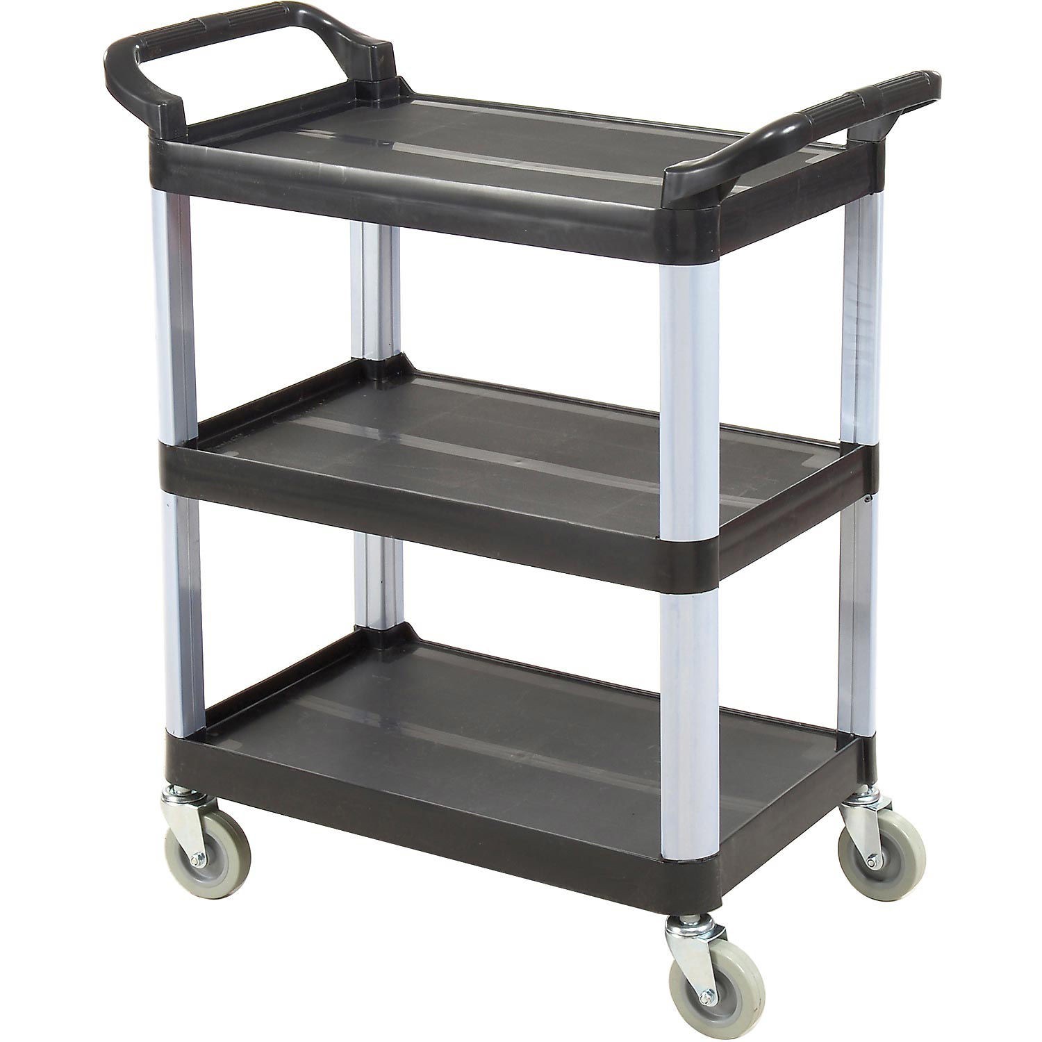 Luxor Black 3-Shelf Plastic Serving Utility Cart 200 Lb. Capacity 33-1/2"L x