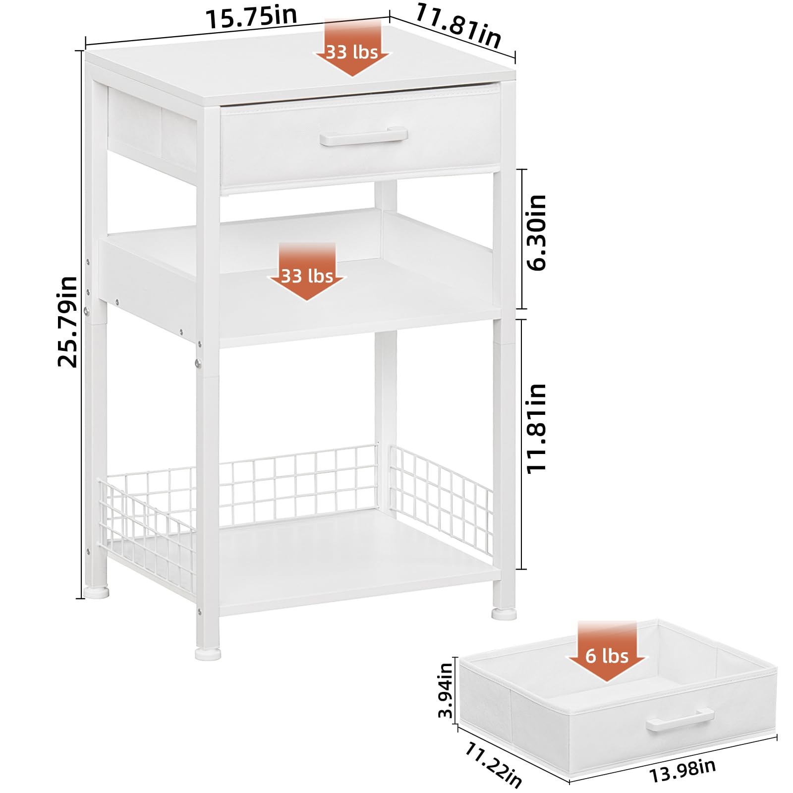 White Printer Stand with Fabric Drawer 3 Tier Side Table Storage Shelf