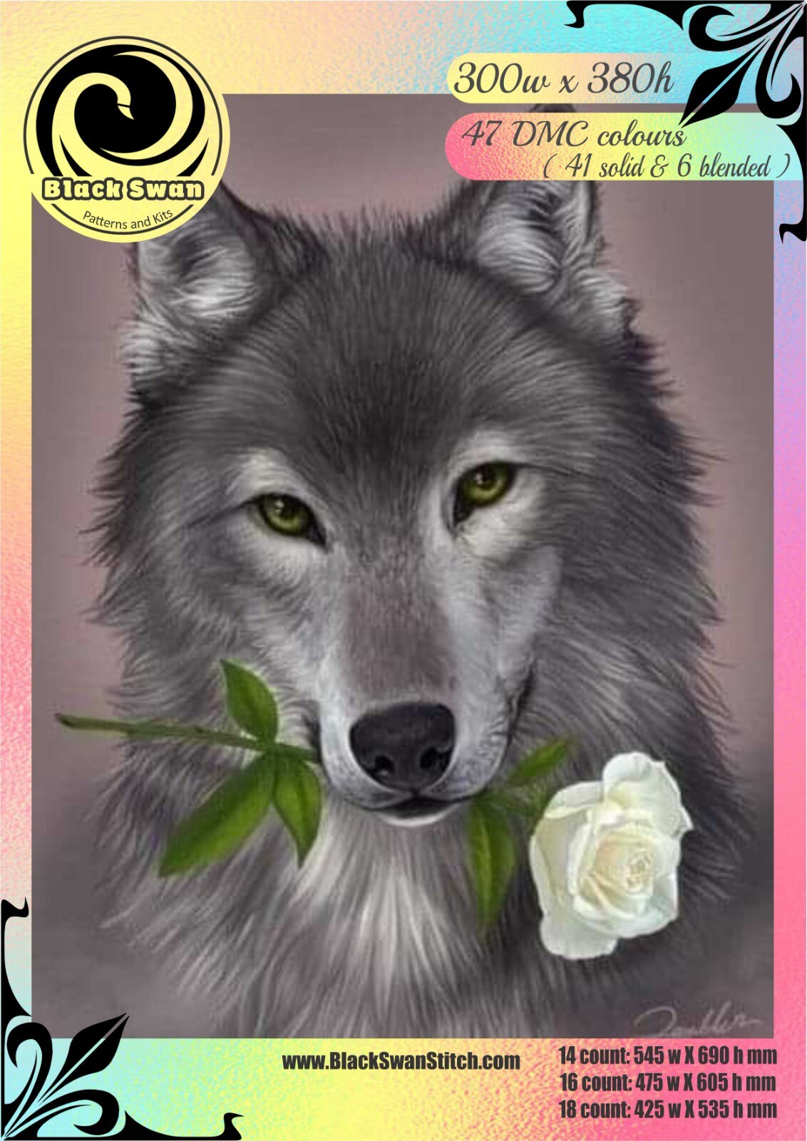 Wolf with Flower 1411 Chart Counted Cross Stitch Pattern Needlework