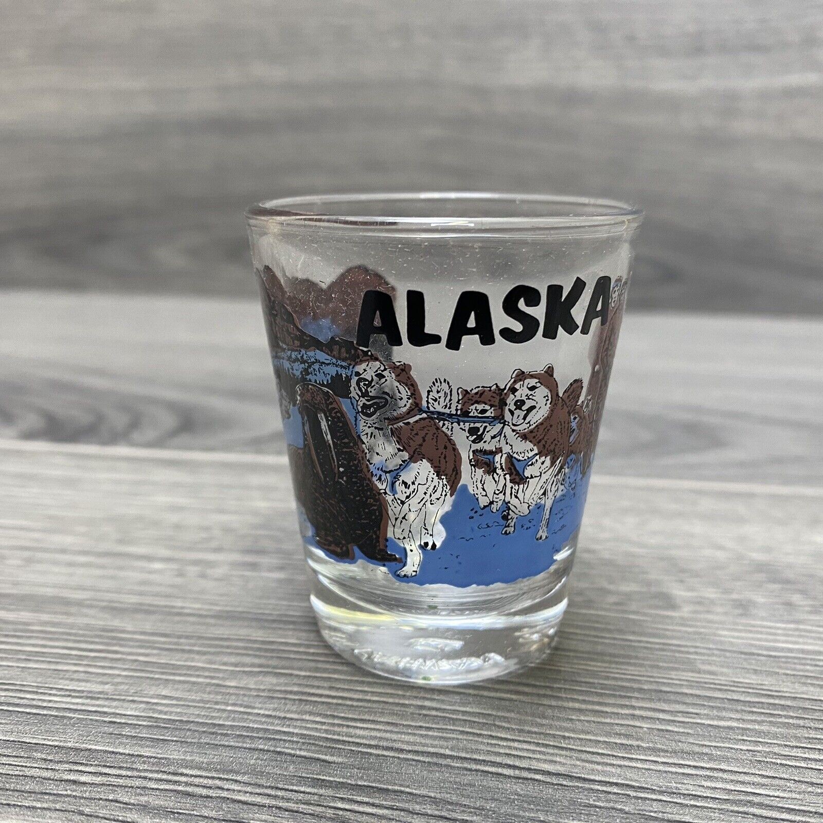 Alaska State Dog Mushing Scene SHOT GLASS Whiskey Shot Glass Souvenir