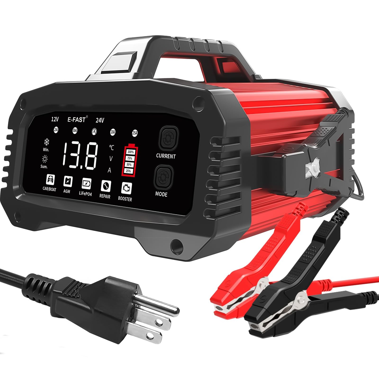 E-FAST 25A Smart Car Battery Charger, 12V/24V Automatic Automotive Red
