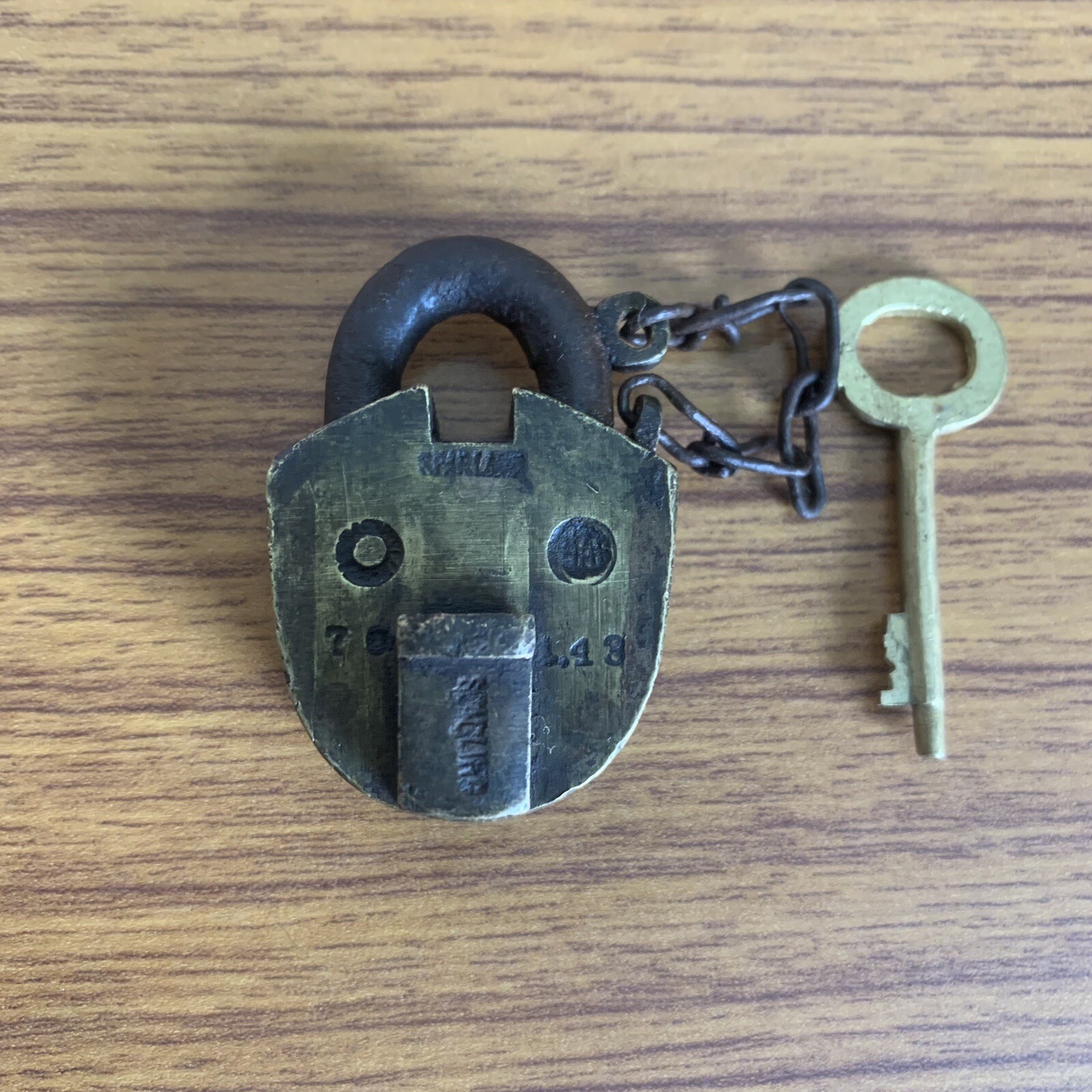 BRASS PADLOCK OR LOCK WITH KEY OLD OR ANTIQUE, with chain, miniature sized.