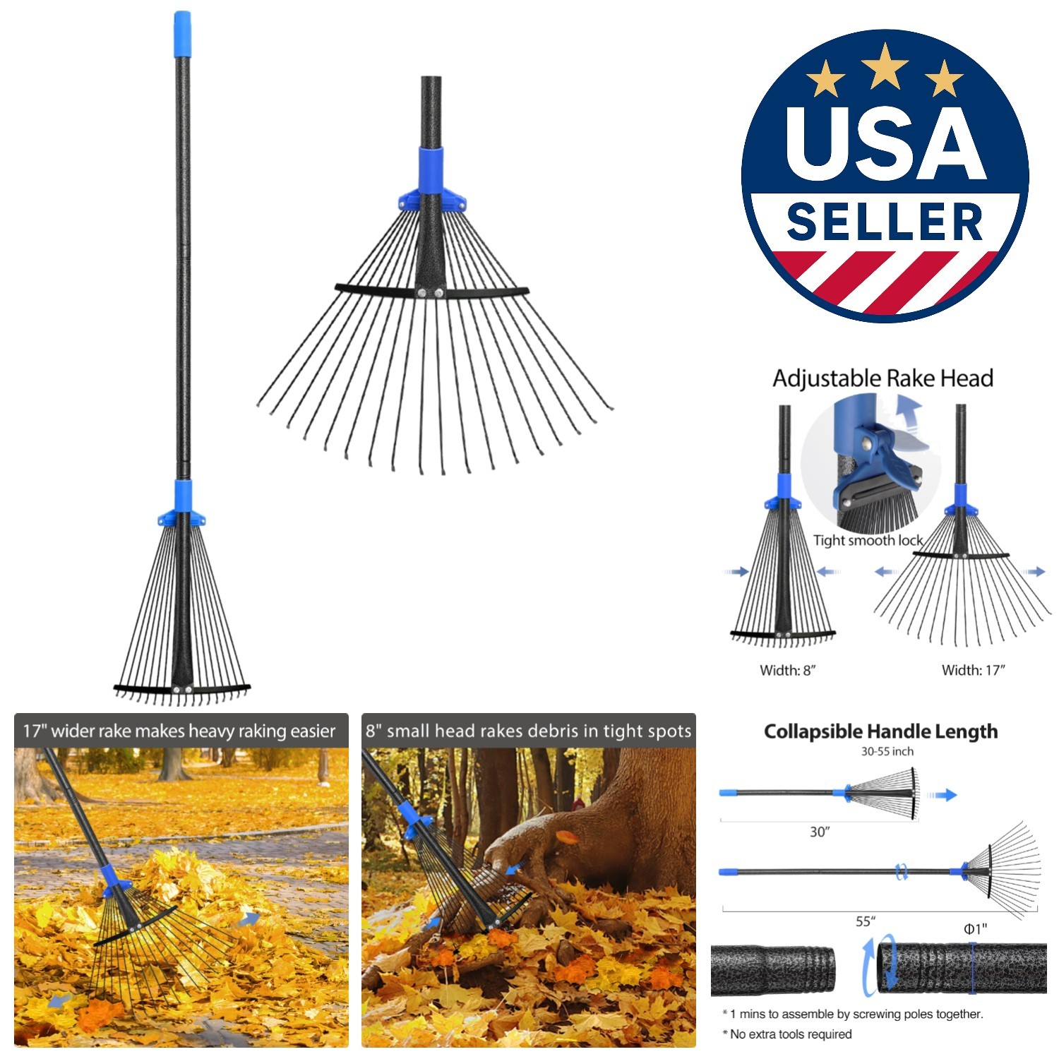 Expandable Yard Rake for Lawn and Garden, Ideal for Campers and Homeowners