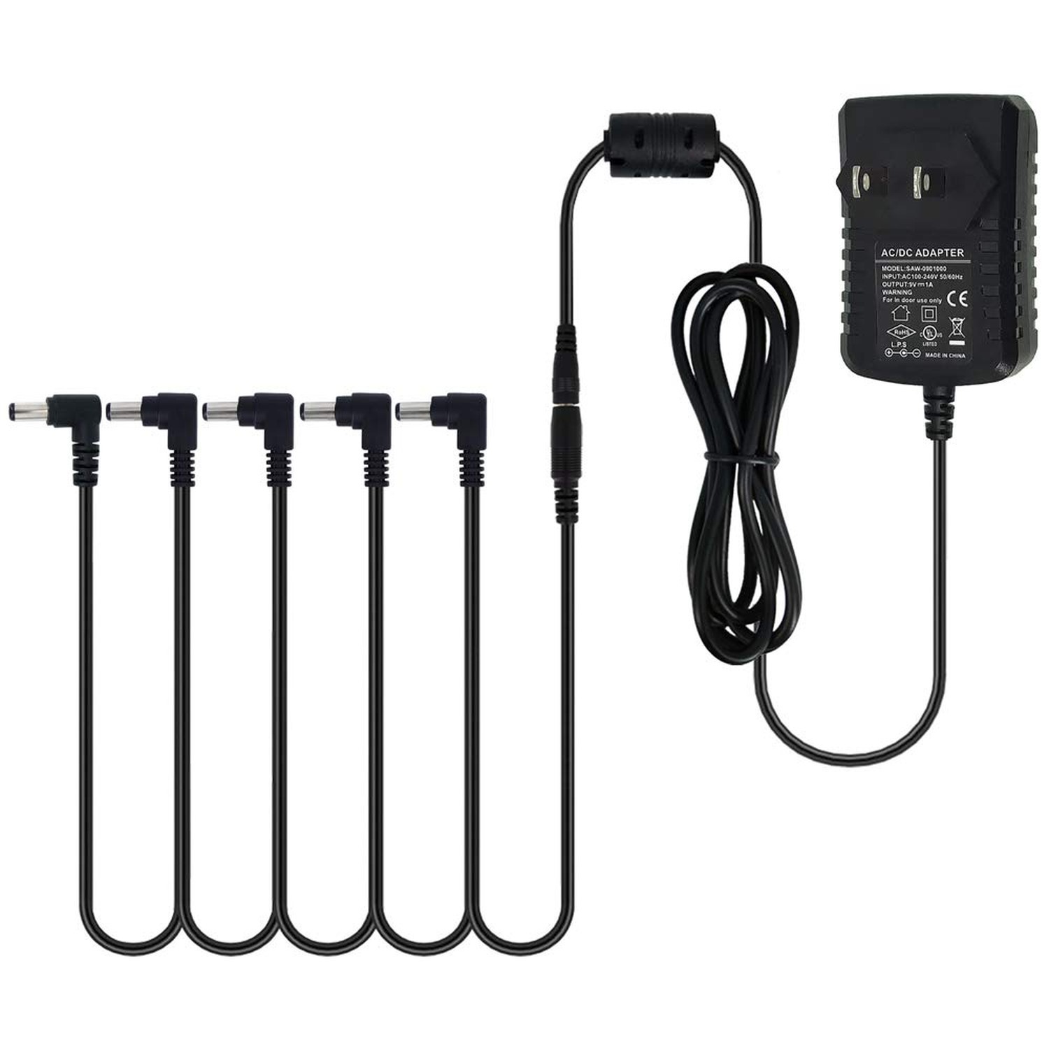 Guitar Pedal Power Supply Adapter 9V DC 1A Tip Negative 5 Way Daisy Chain Cab...