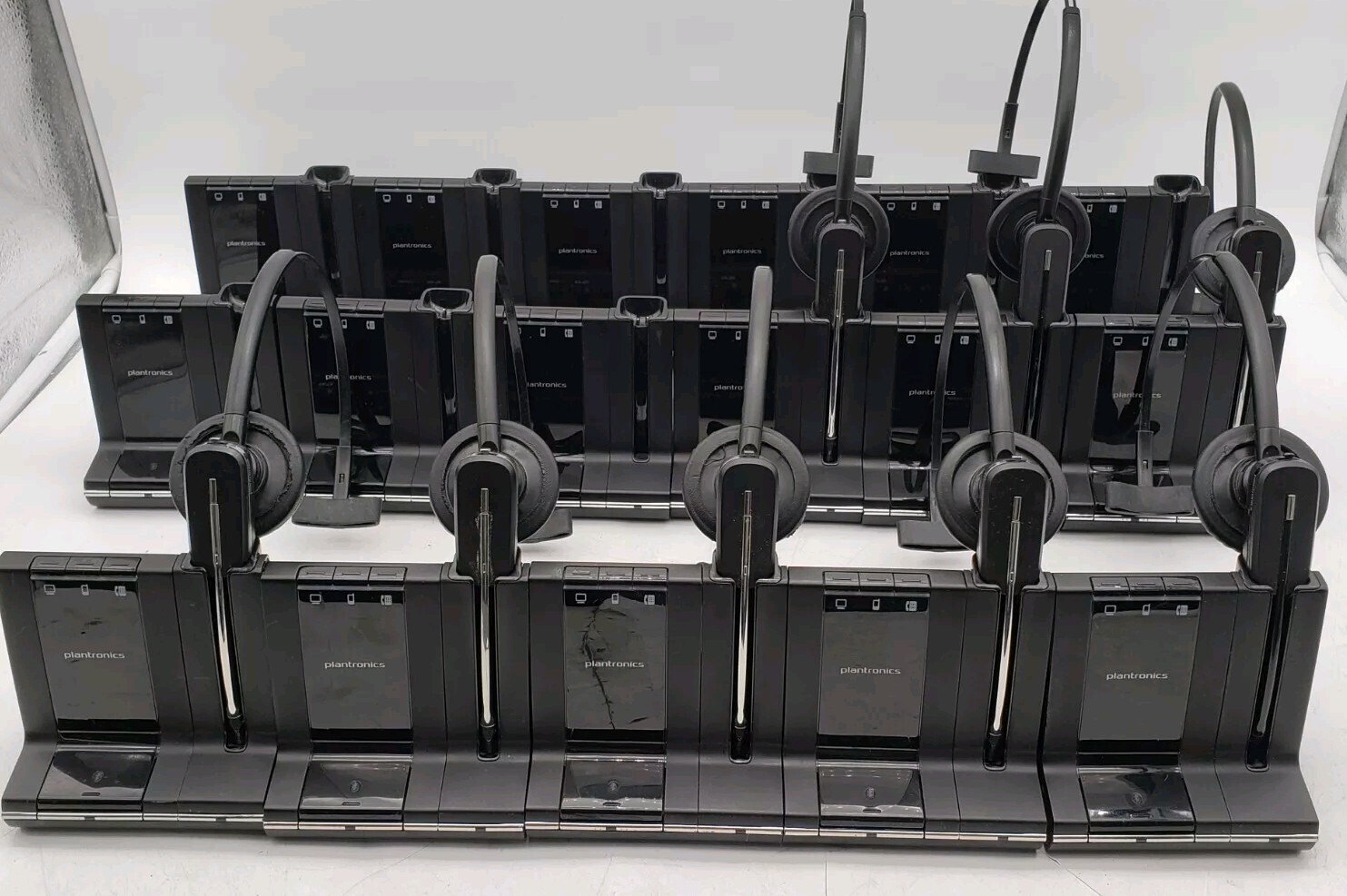 Lot of (17) Plantronics base WO2 & (8) Headsets With Ac Adaptors