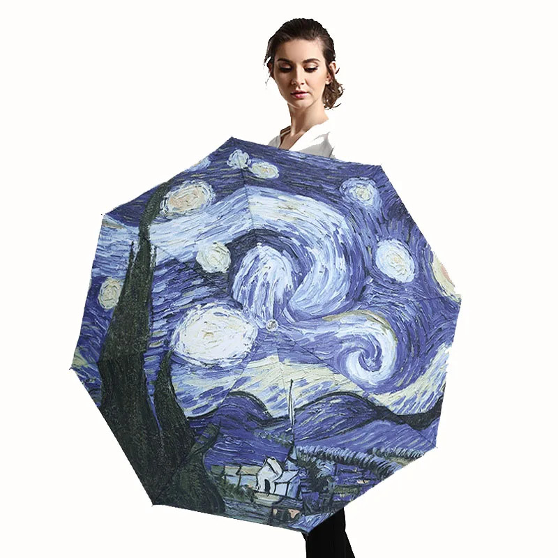 Van Gogh Oil Painting Umbrella Women Creative Starry Sky Arts Parasol Female Out
