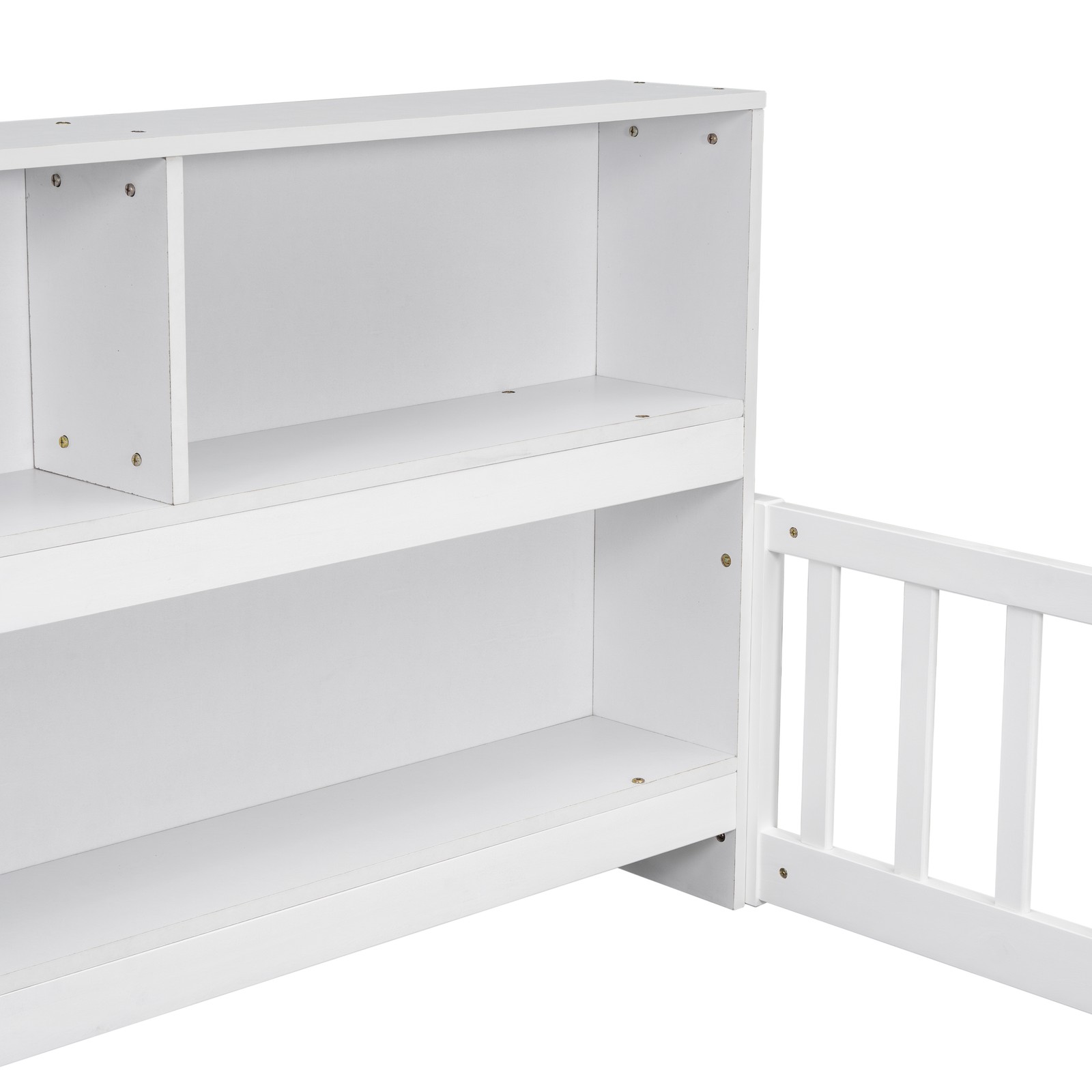 Full Size Floor Bed w/ Bookcase & Guardrails, White, Sturdy Pine Frame