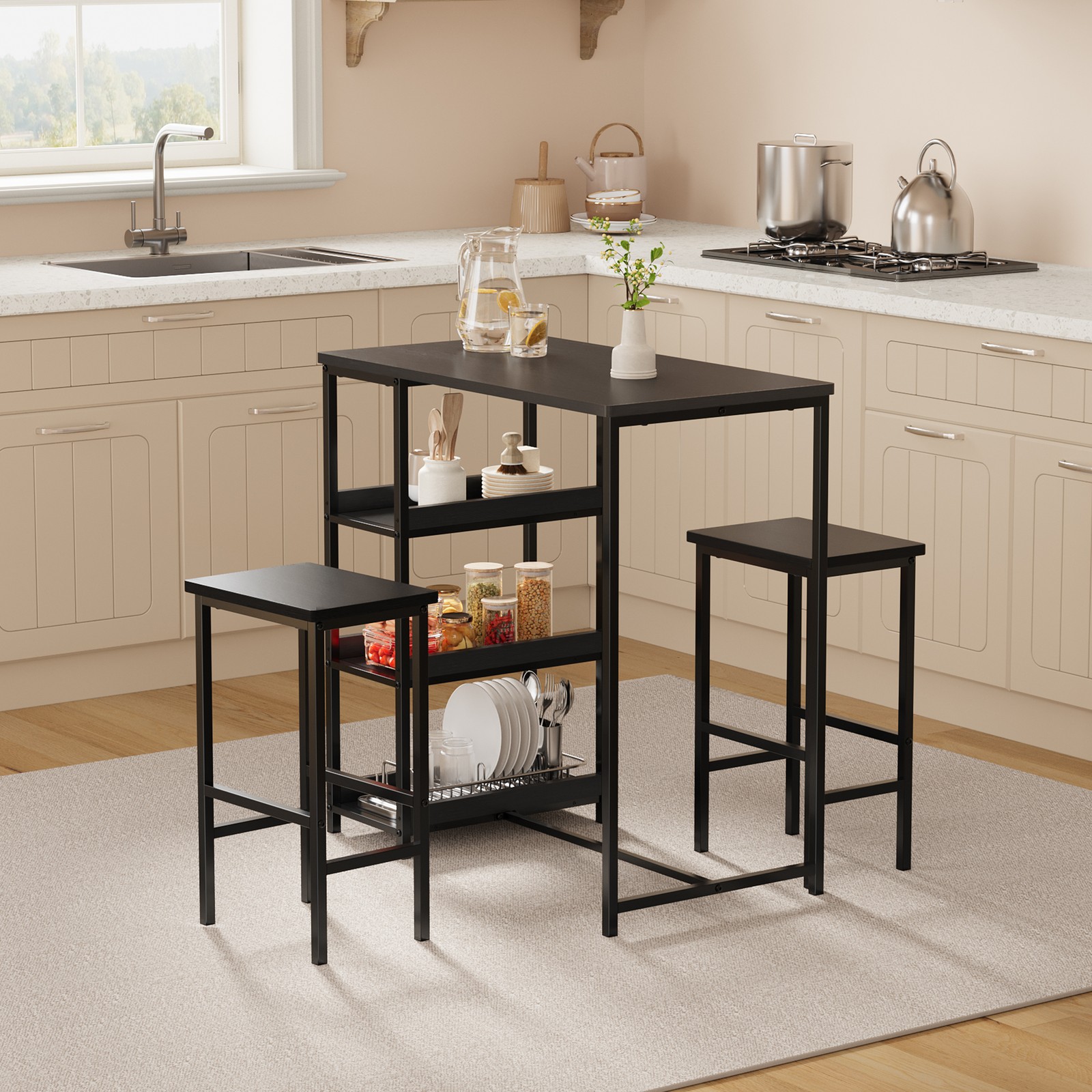 36" Dining Table Set for 2, Kitchen Table and 2 Bar Stools with Storage Shelves