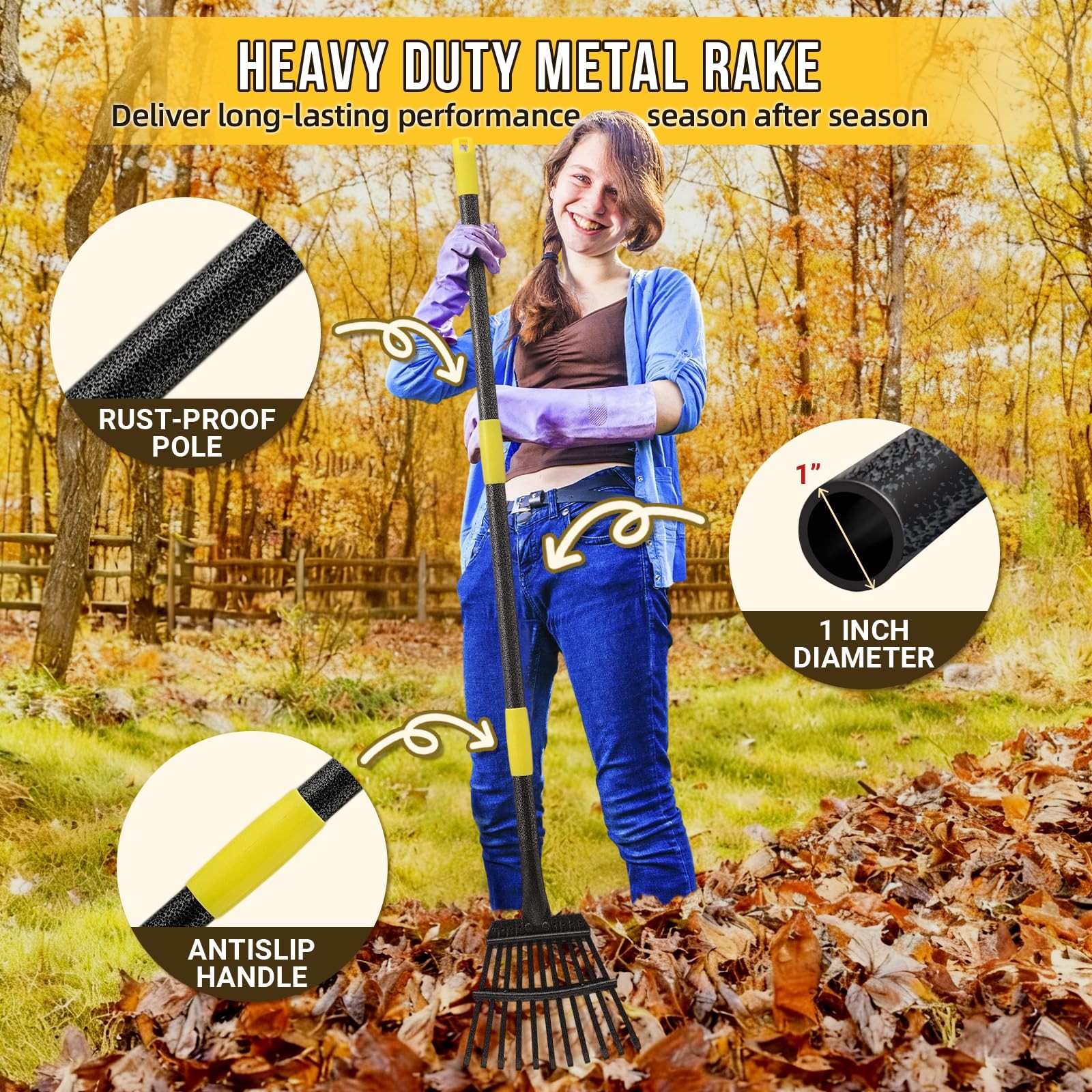 Leaf Rake, Small Rake for Leaves with 30-75 Adjustable Long Handle, 11 Tines ...