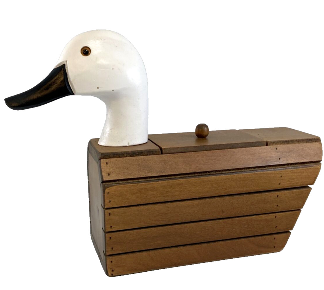Hand Carved Davidson Uphoff White Duck Head Wood Storage Box