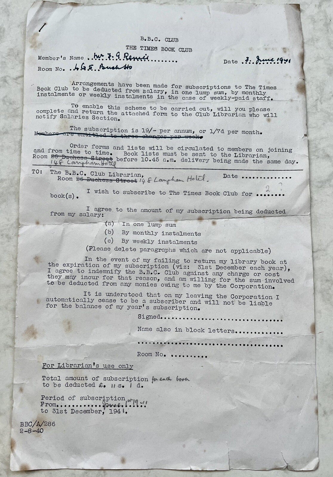 BBC Club The Time Book Club Library Form January 1941