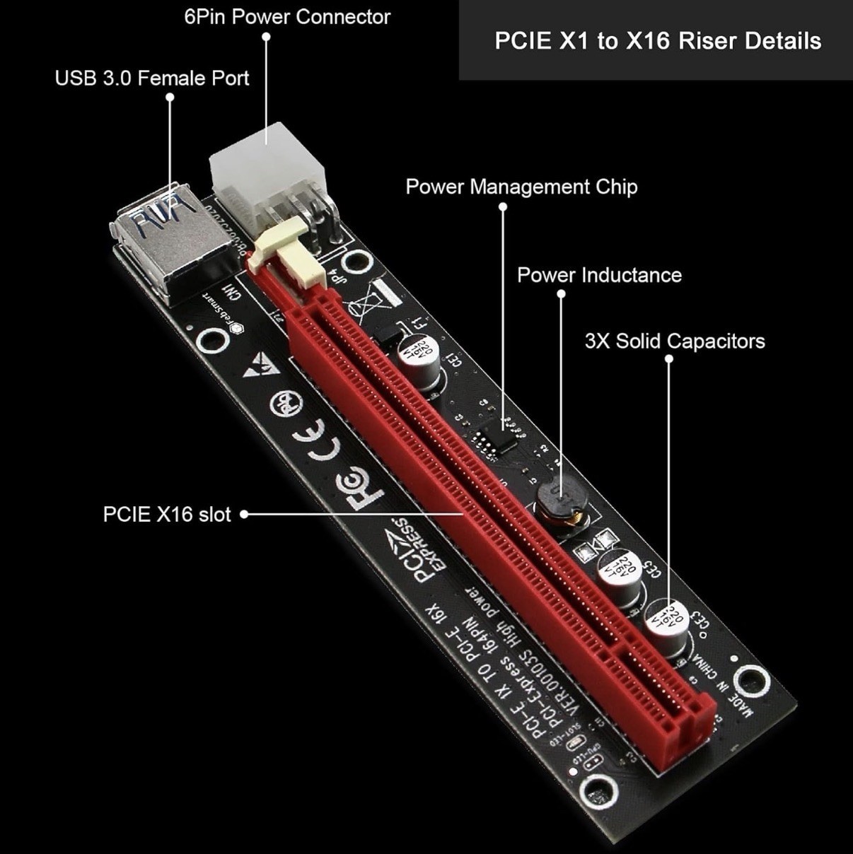 GPU Riser for Ethereum Mining Rigs, PCIE Risers for ETH Mining Rigs, 6PCS Black