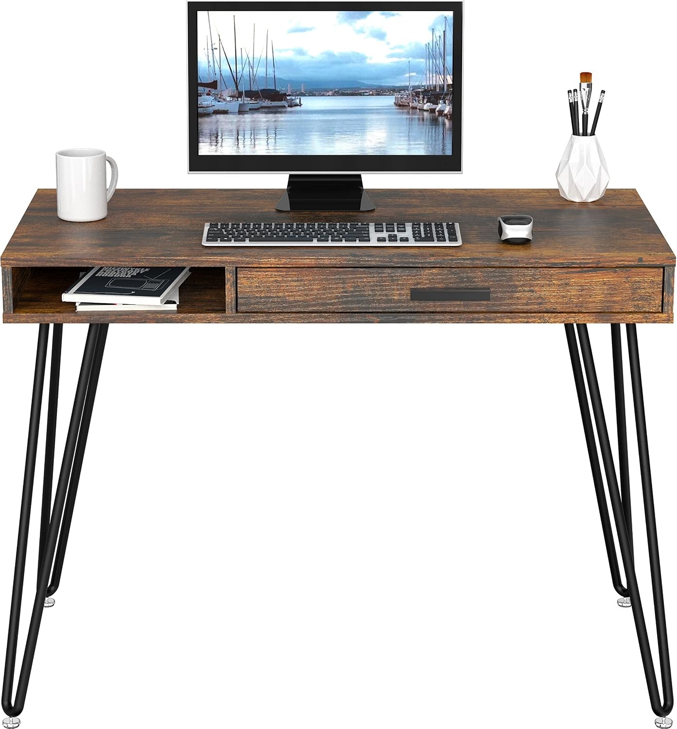 Home Office Computer Hairpin Leg Desk with Drawer Rustic Brown