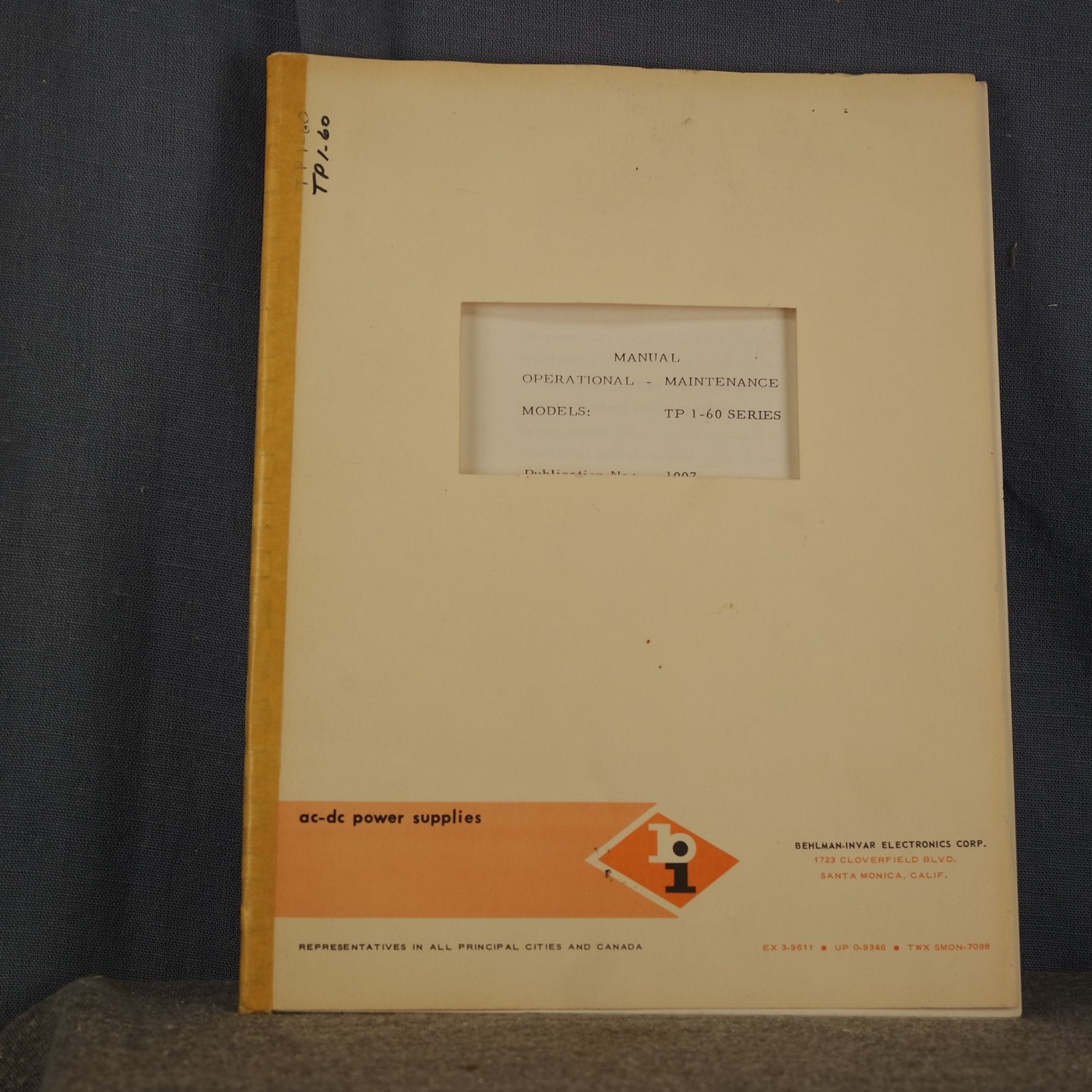 Behlman-Invar Power Supply Model TP 1-60 Instruction Manual & Service #2