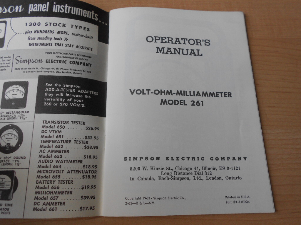 1963 Simpson 261 Volt-Ohm-Millammeter Operators Manual Original