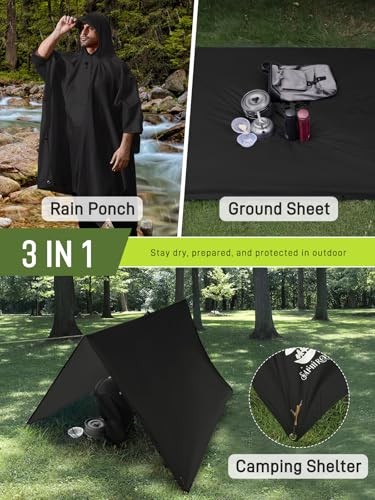 Extra Thick Hooded Rain Poncho Double Layer Waterproof Raincoat Black 2 Pack