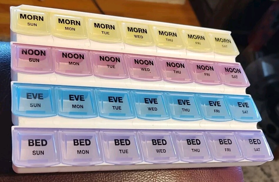 7-Day Plastic Pill Organizer, Color Coded Lids, Organize Medicines for 4 X Day