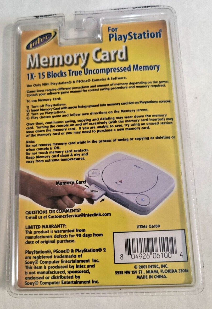 Intec Memory Card For PlayStation, 1X-15 Blocks True Uncompressed Memory- NEW