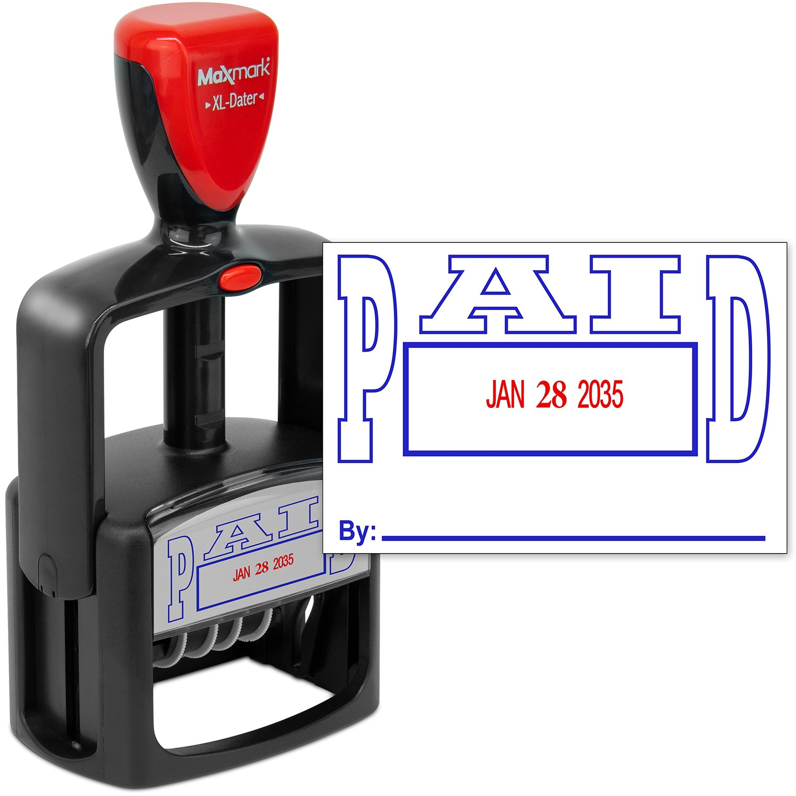 MaxMark Style 5 Heavy Duty Date Stamp Self Inking Paid Blue Red Ink Tool