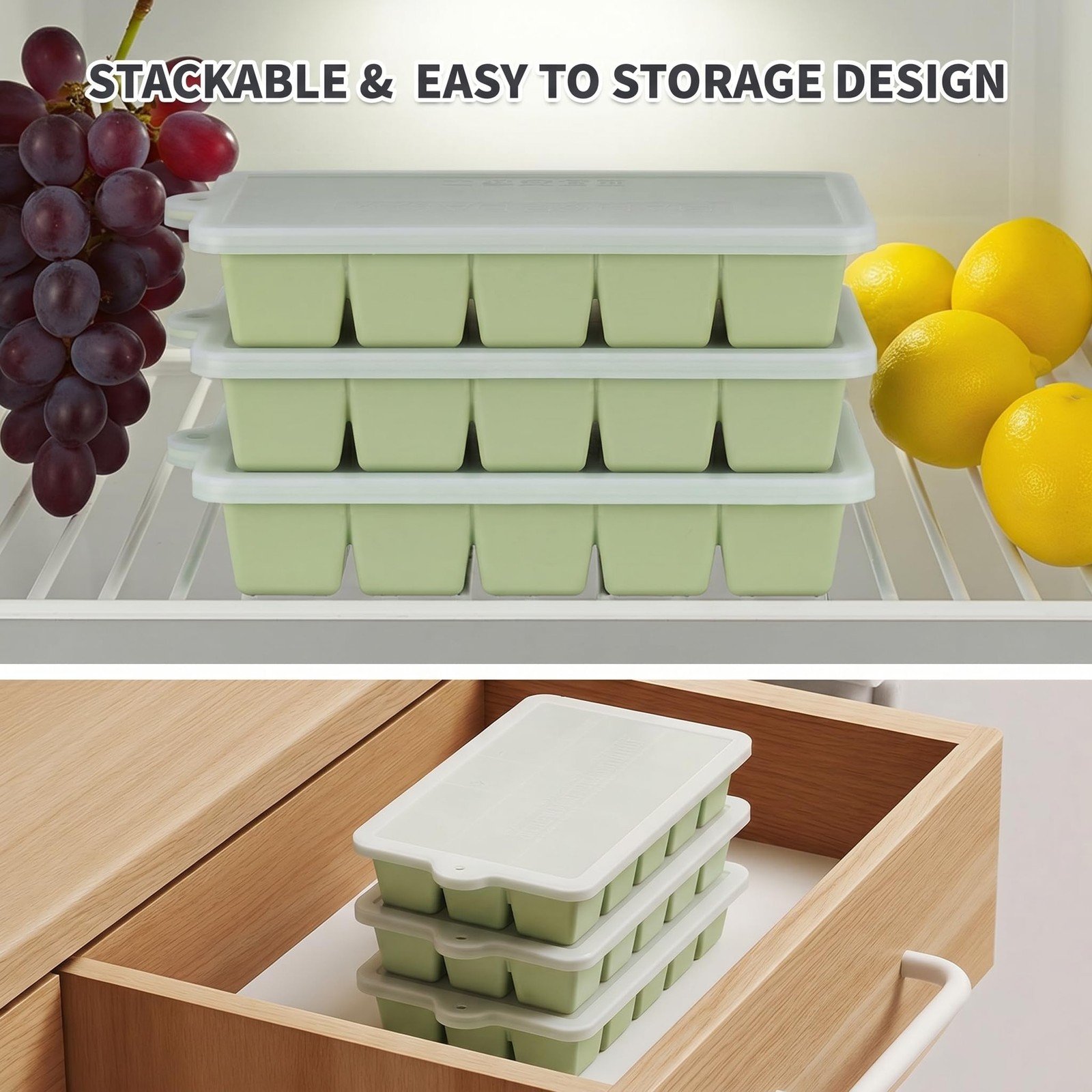 2 Pack Green Silicone Ice Cube Trays Easy Release with Lids